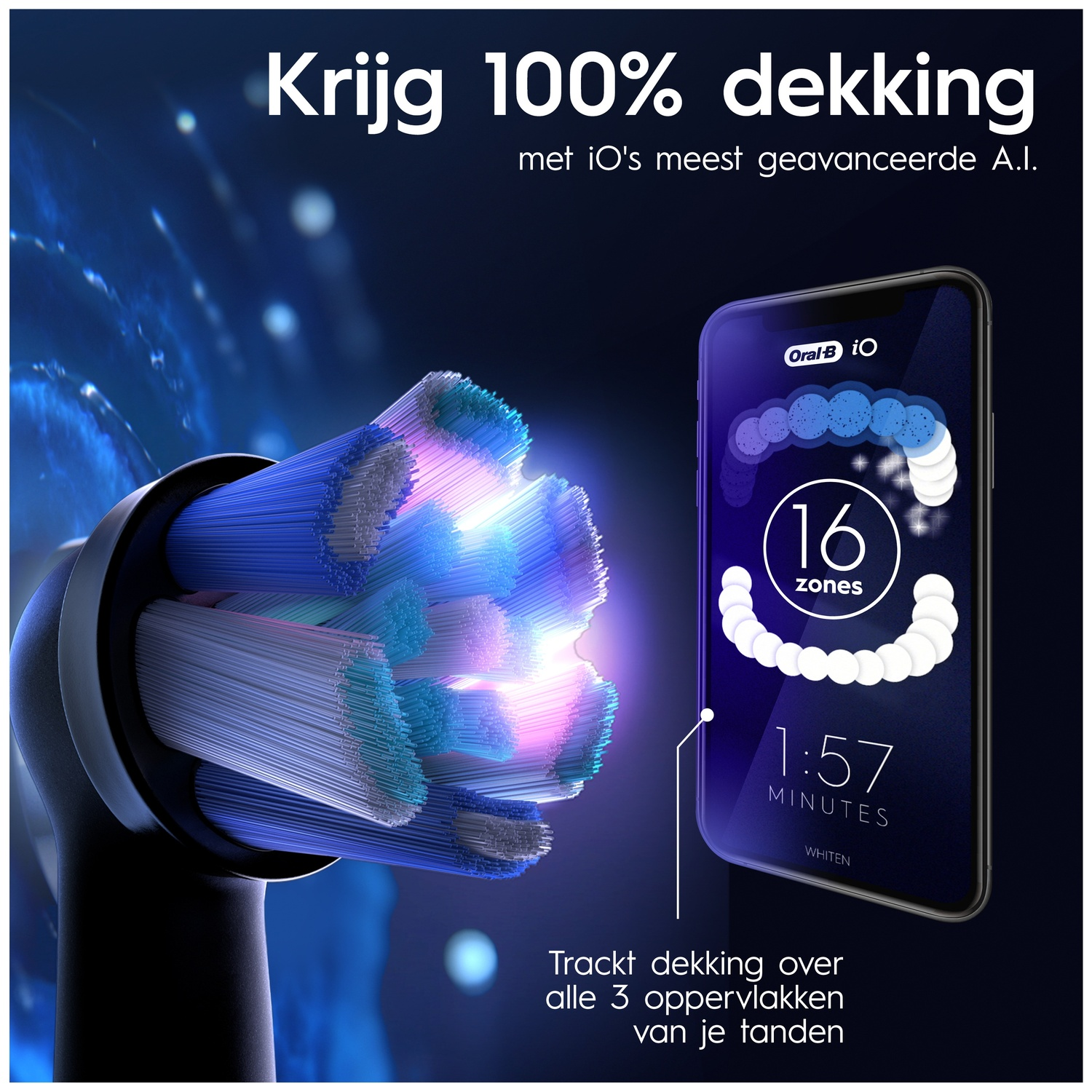 An electric toothbrush head and a smartphone displaying tooth brushing zones.