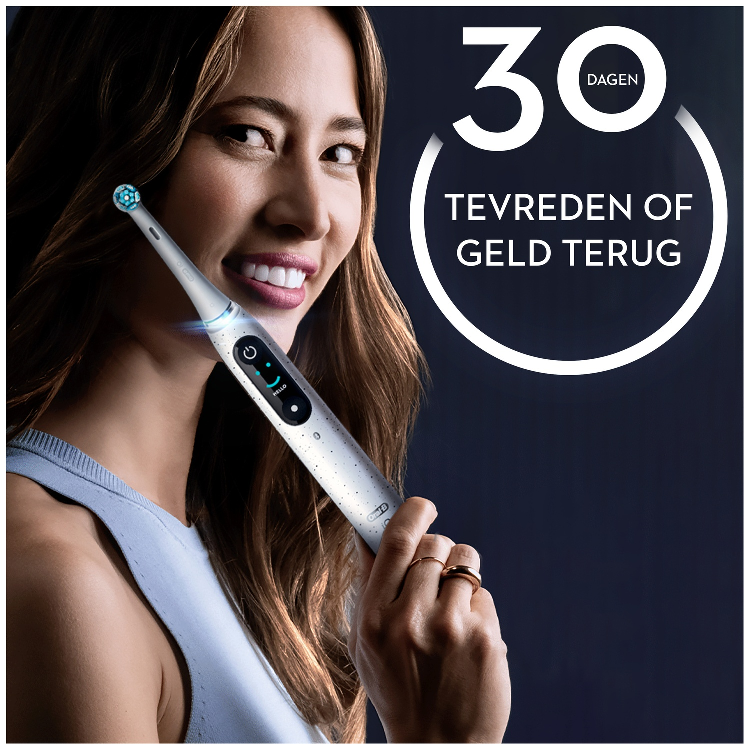A smiling woman holds an electric toothbrush. Background text promotes a money-back guarantee.