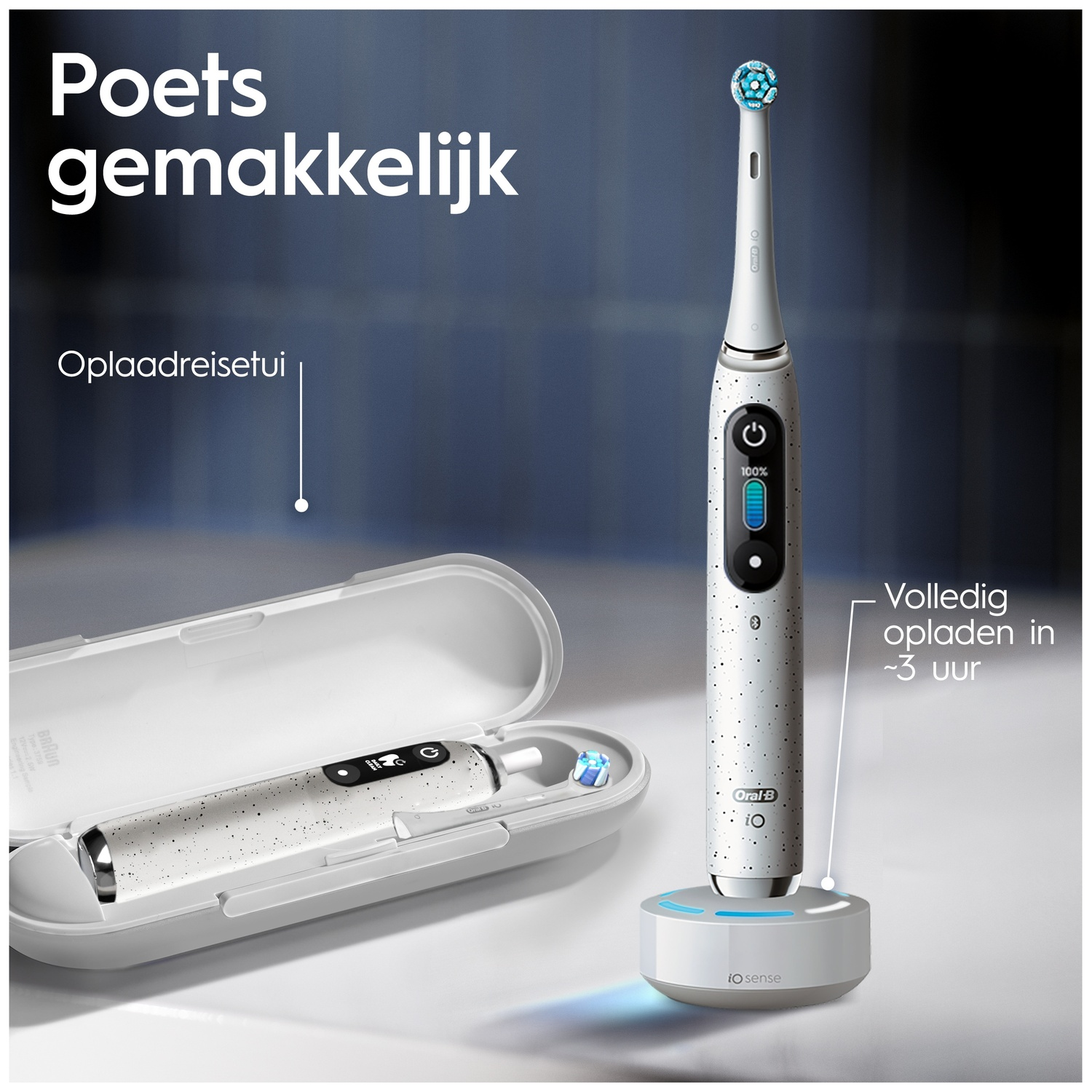 White electric toothbrush standing on a charging base next to an open travel case, with Dutch text overlays.