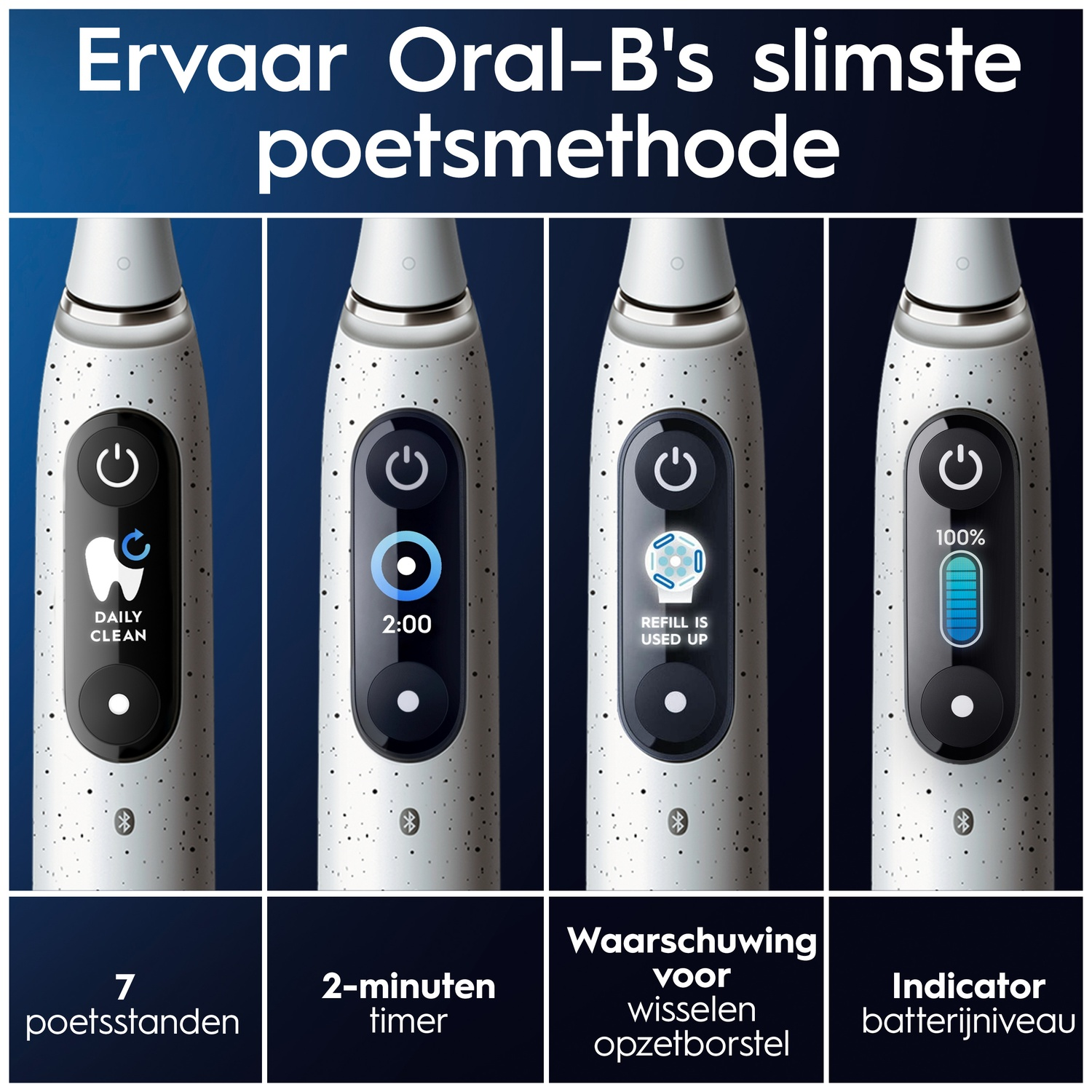 Four panels show an Oral-B toothbrush displaying modes, timer, refill warning, and battery level on a blue background.