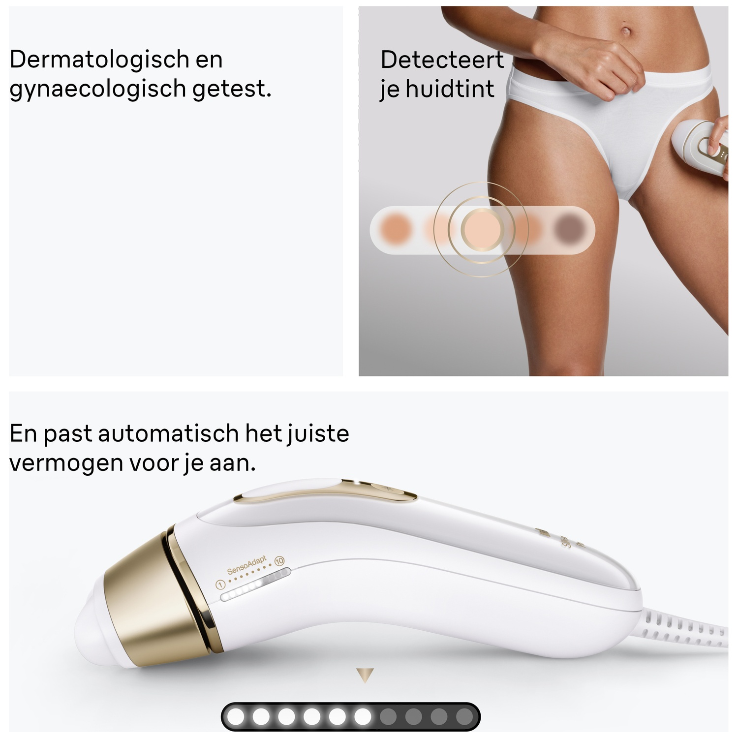 A woman uses an IPL hair removal device with skin tone detection and automatic power adjustment.