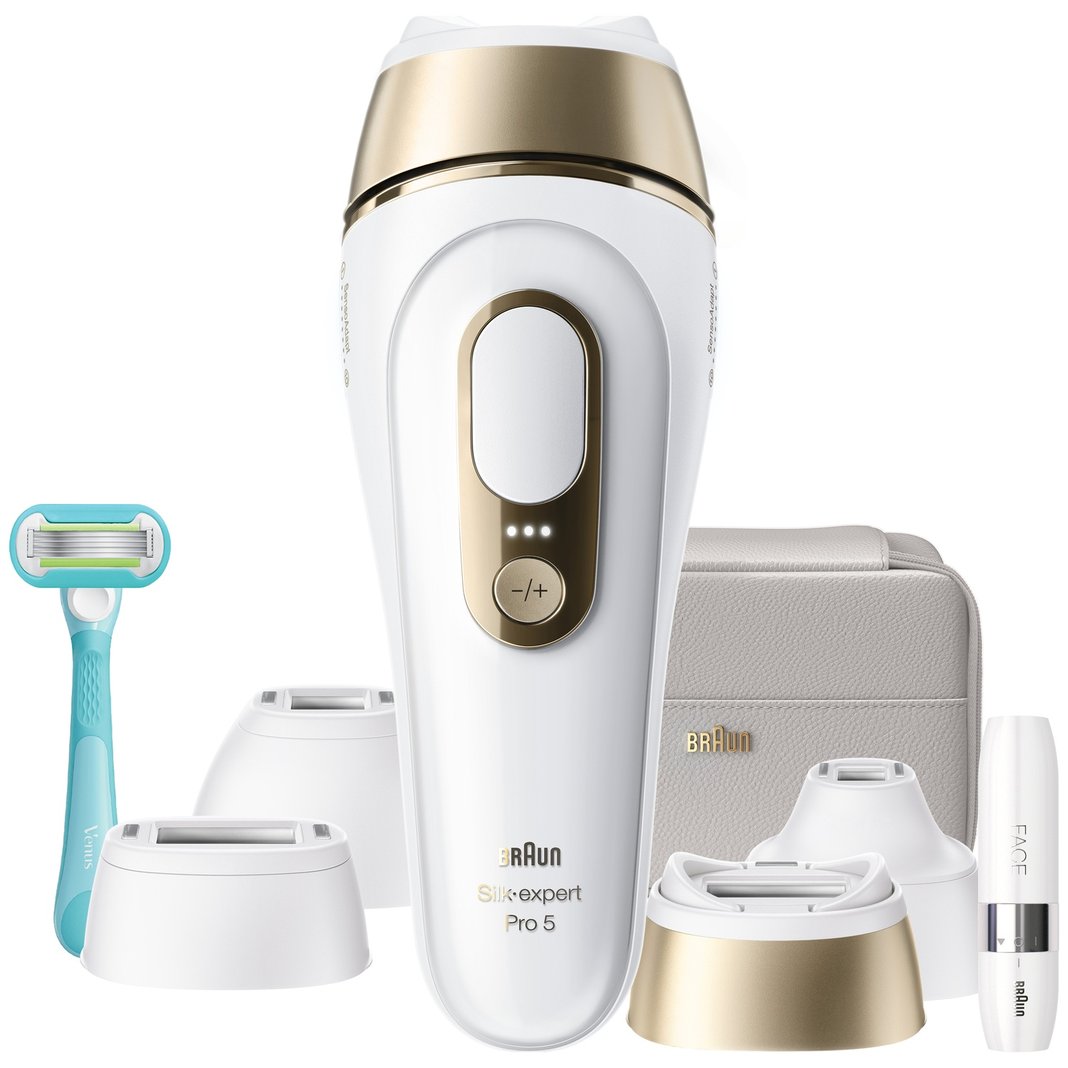 A white and gold Braun IPL device, three attachments, a razor, a facial epilator, and a storage case.