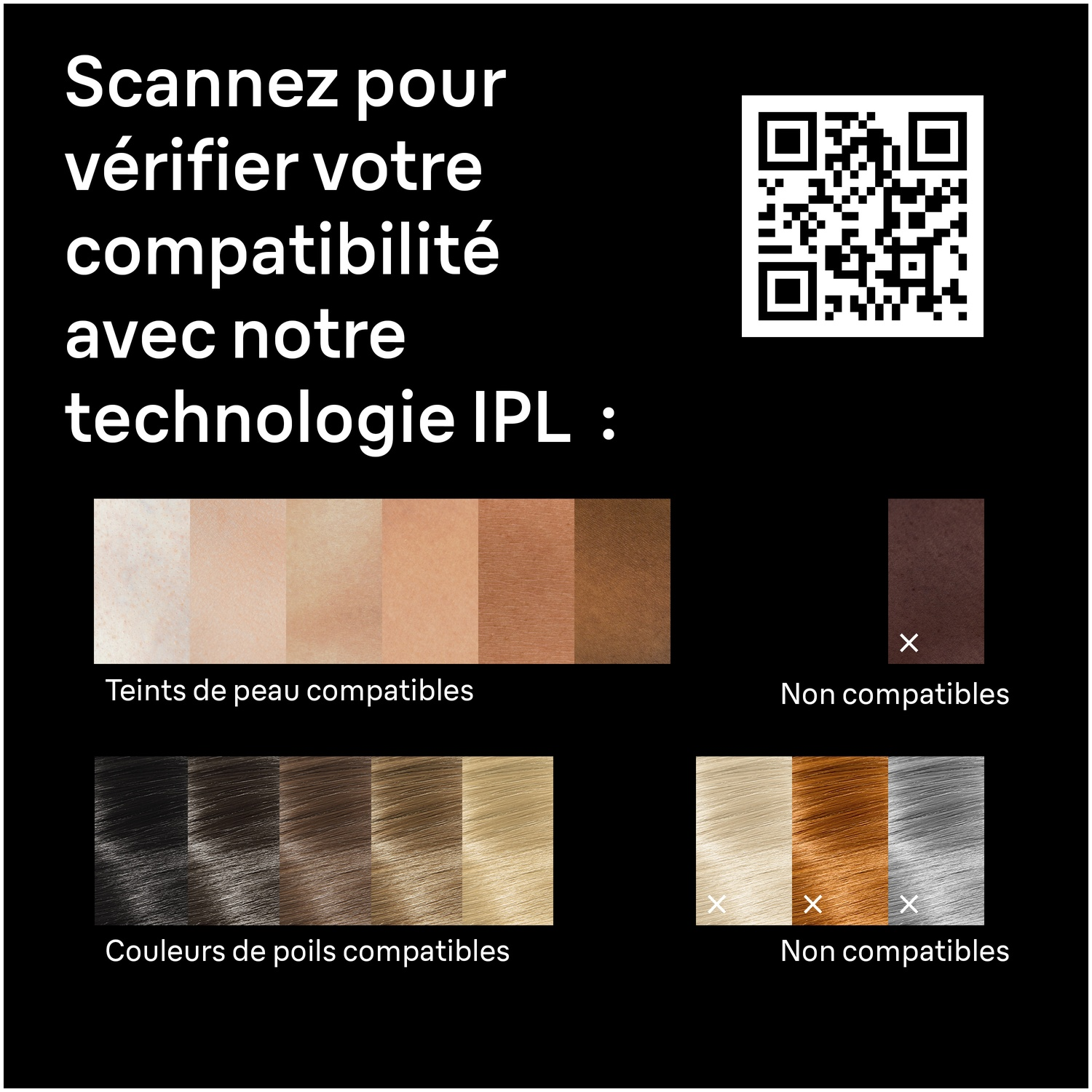 Tableau montre les teints et poils compatibles et incompatibles pour IPL avec QR code.