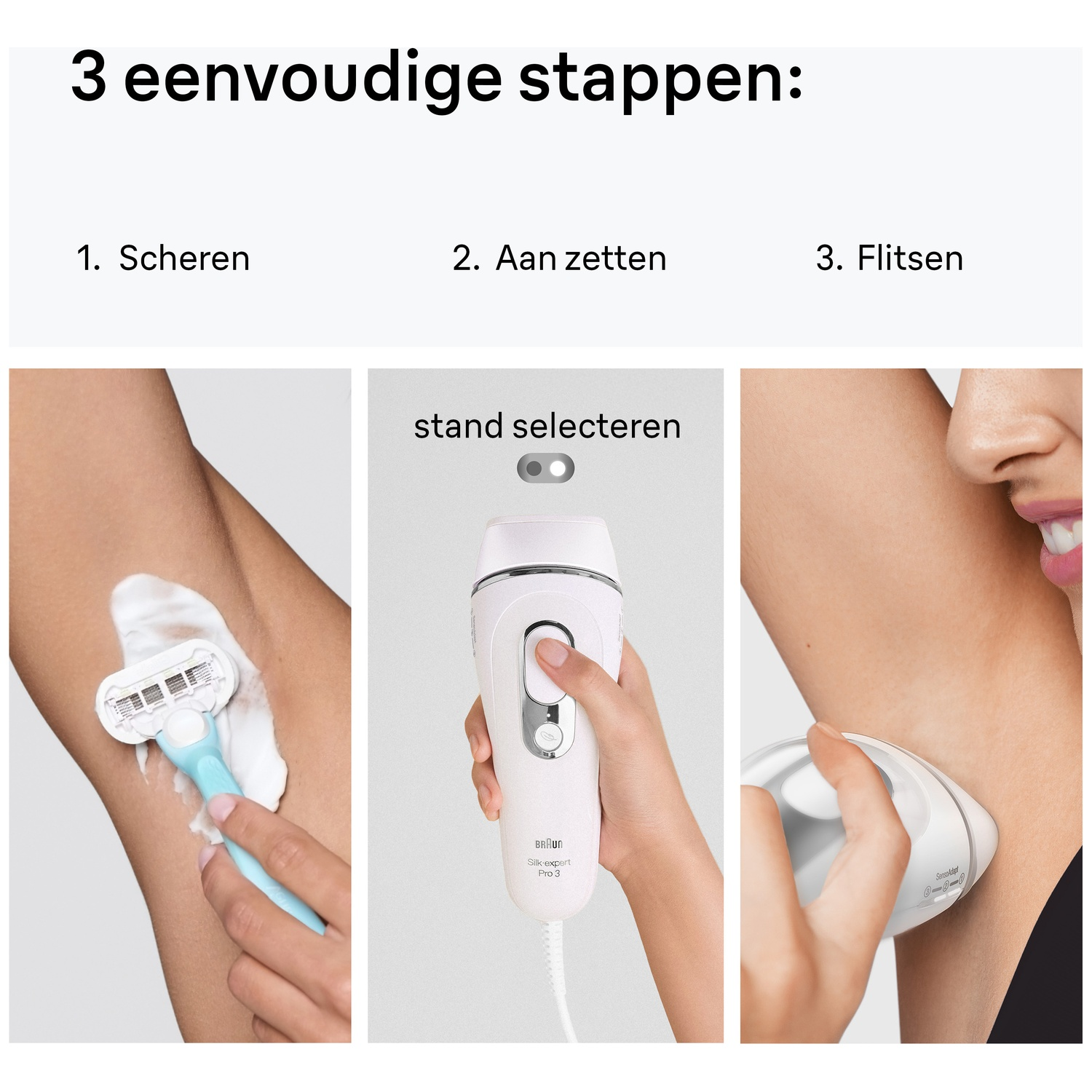 Three steps for hair removal: shaving, turning on, and flashing with an IPL device.