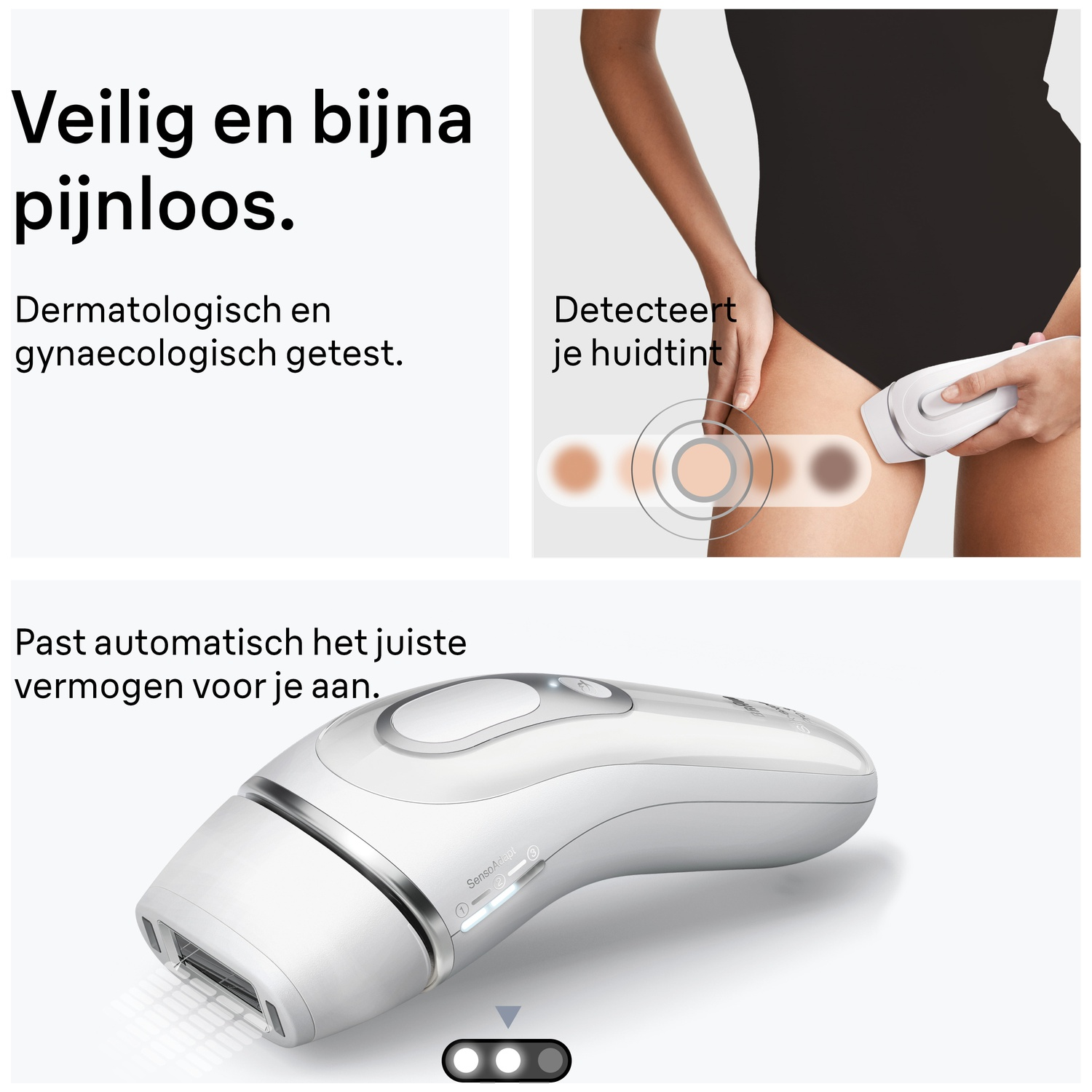 IPL hair removal device with skin tone sensor and text about safe and painless application.