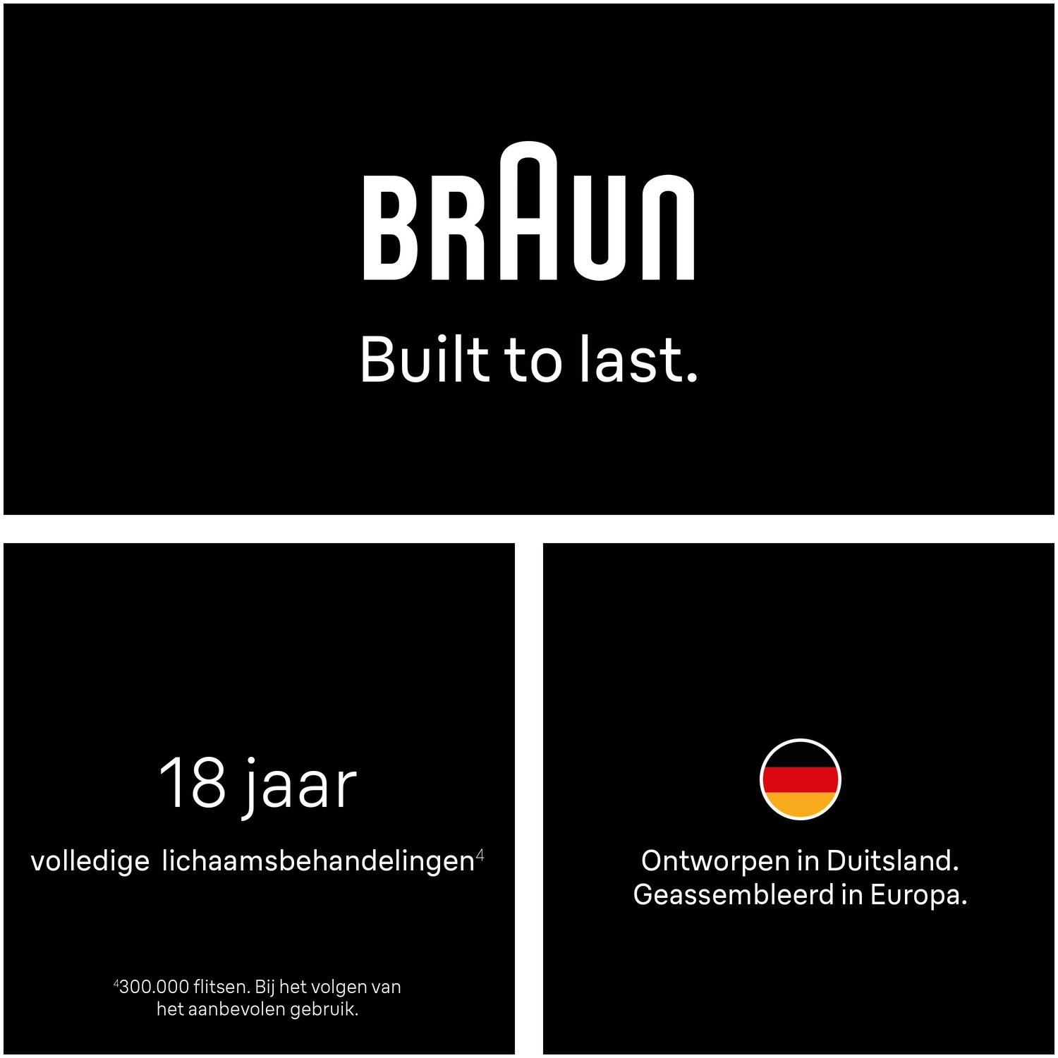 Braun logo, tagline, and Dutch text about product lifespan, treatments, and origin on a black background.