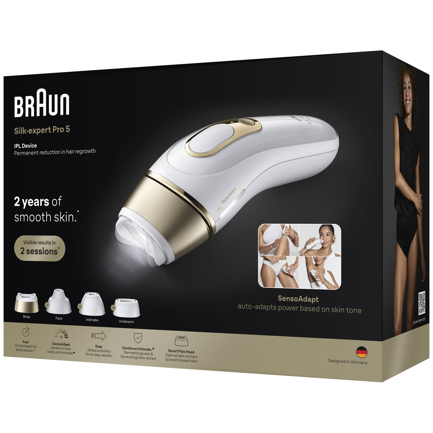 Packaging for Braun Silk-expert Pro 5 IPL device, showing the white and gold hair removal tool and attachments.