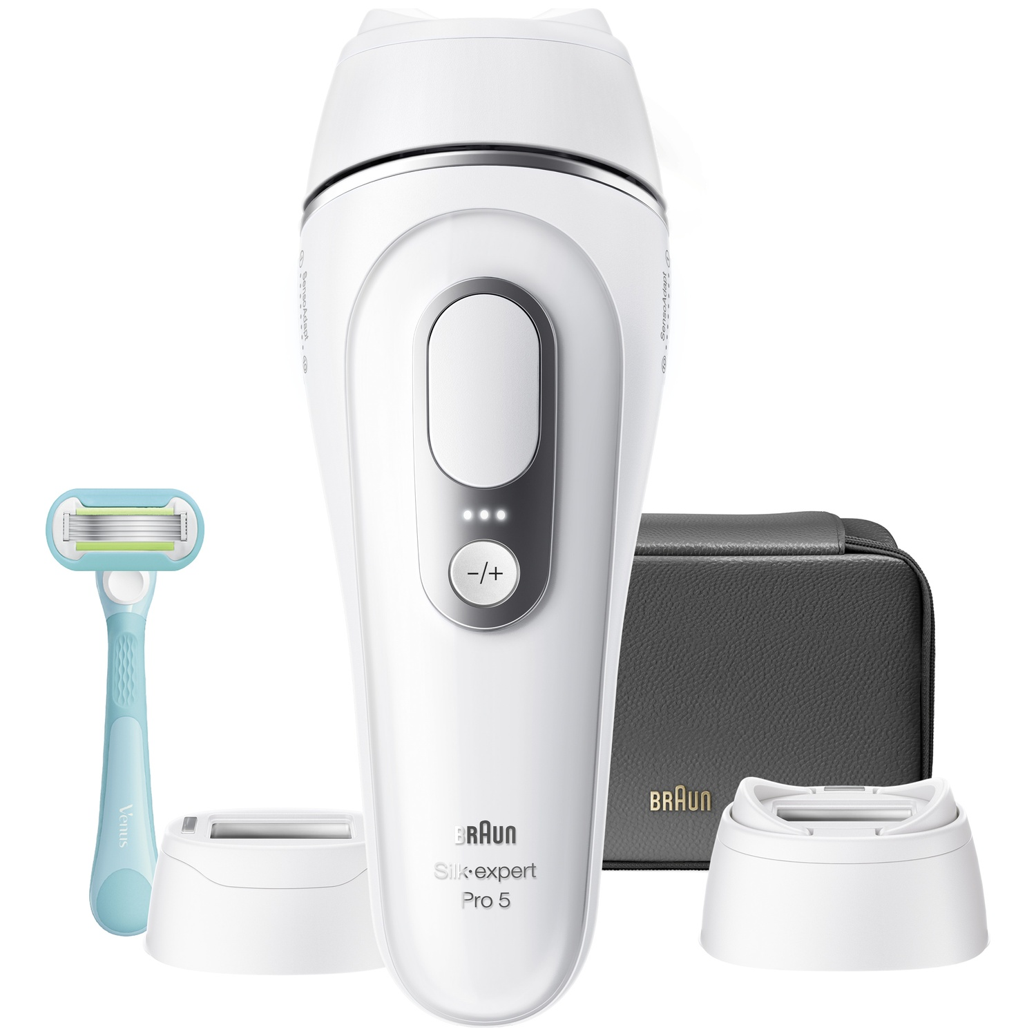 White Braun IPL hair removal device with razor, two attachments, and black case.