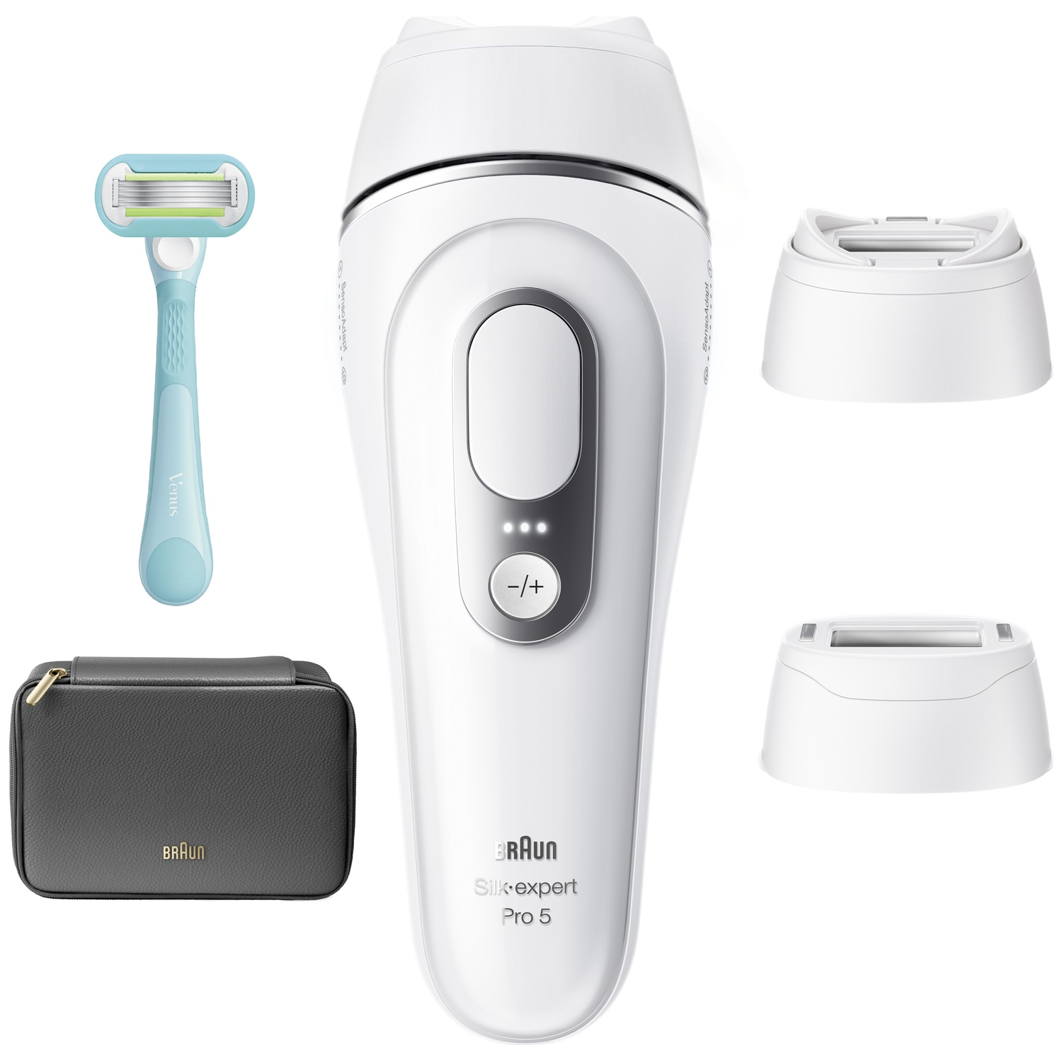 White Braun IPL hair removal device, blue razor, two attachments, and grey pouch.
