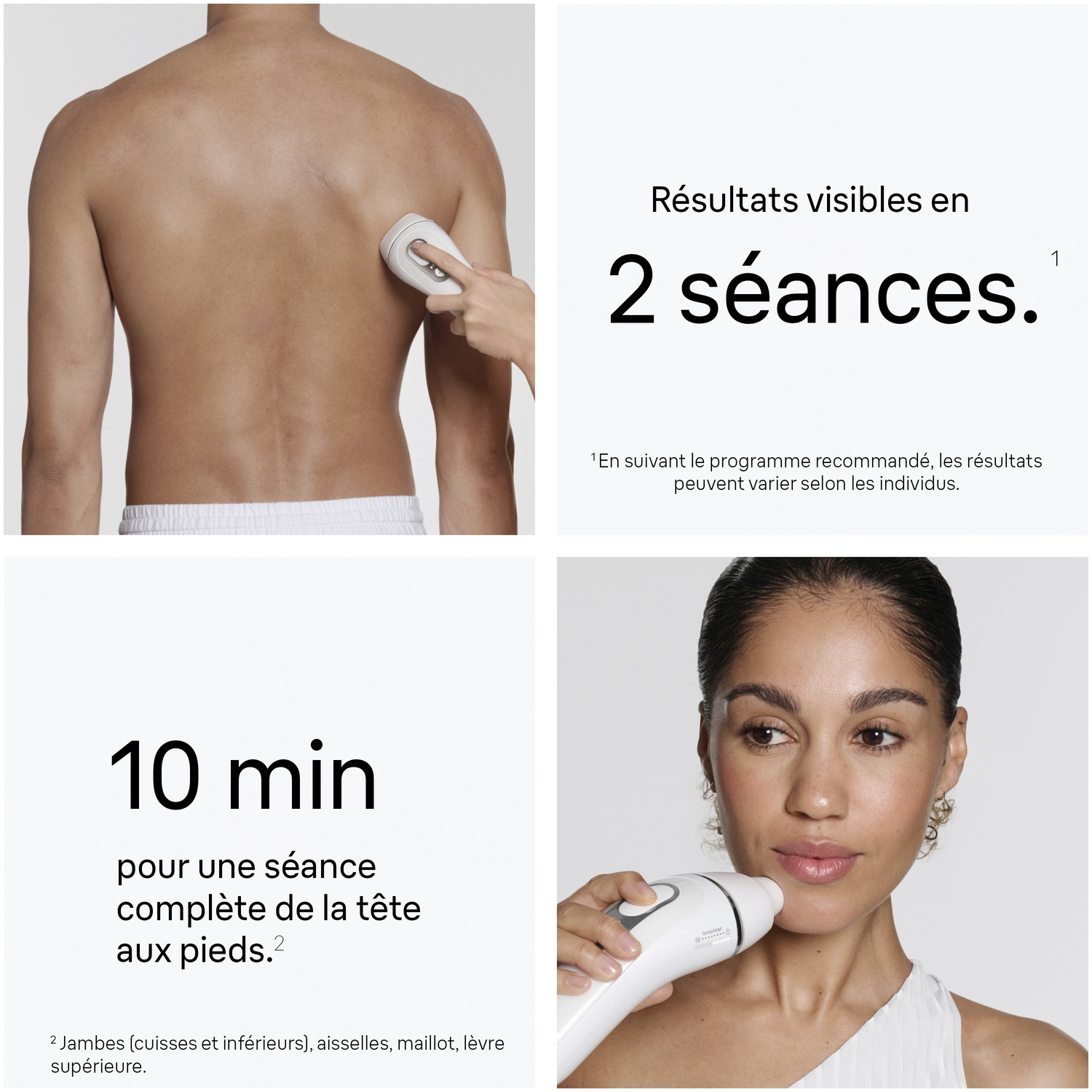 Publicité pour épilateur IPL avec dos et visage montrés, texte en français.