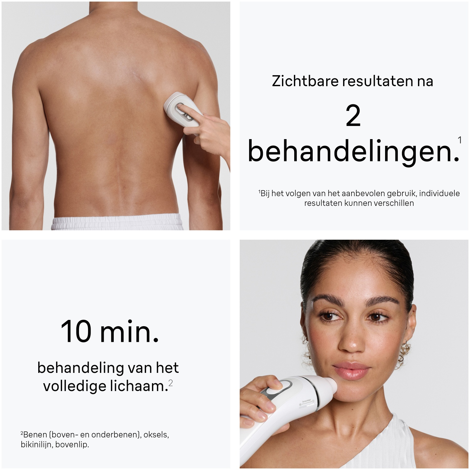 An IPL device is used on the back and chin, with text about results after 2 treatments and 10-minute full body use.