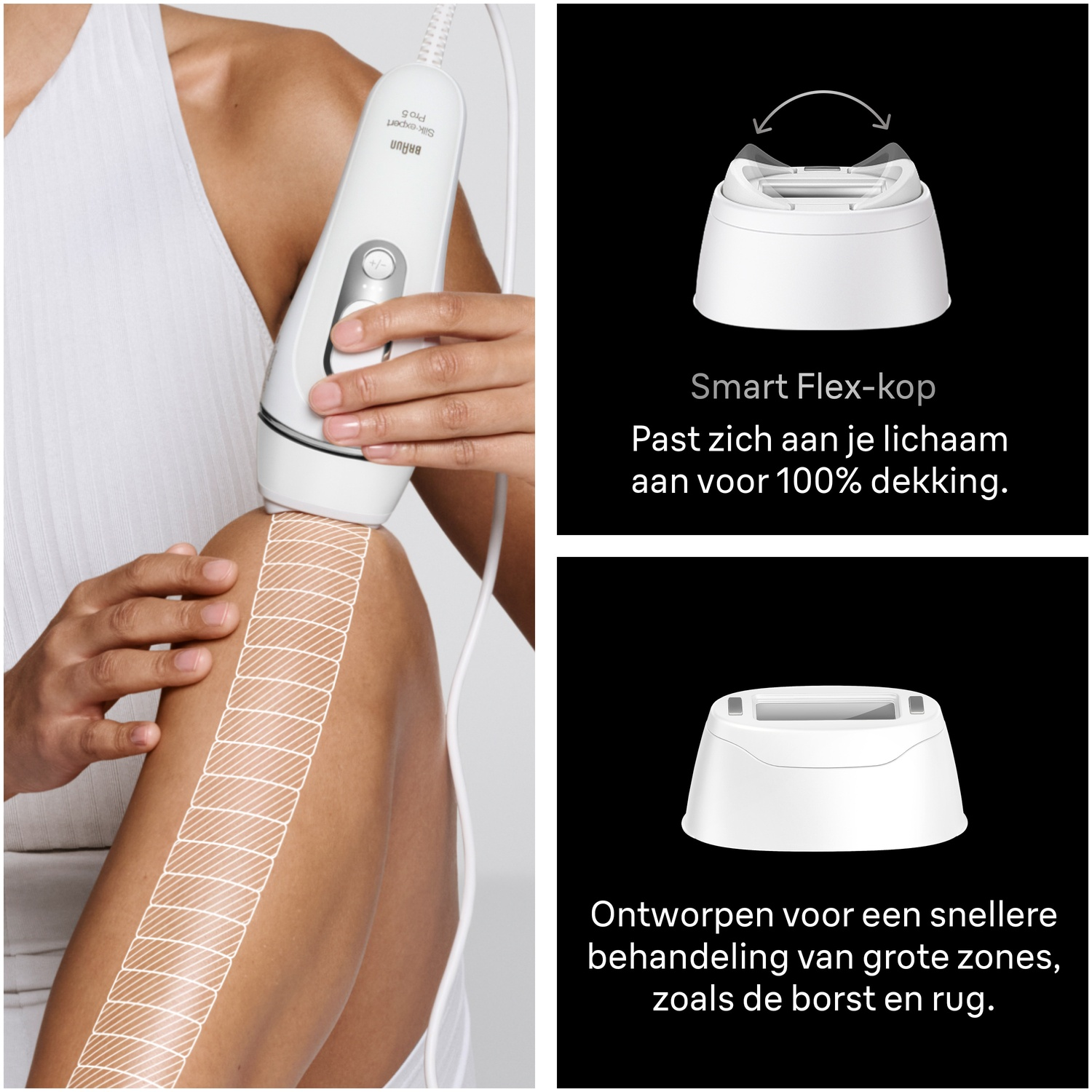 Braun IPL hair removal device on a leg with two attachments shown for flexibility and treating large areas.