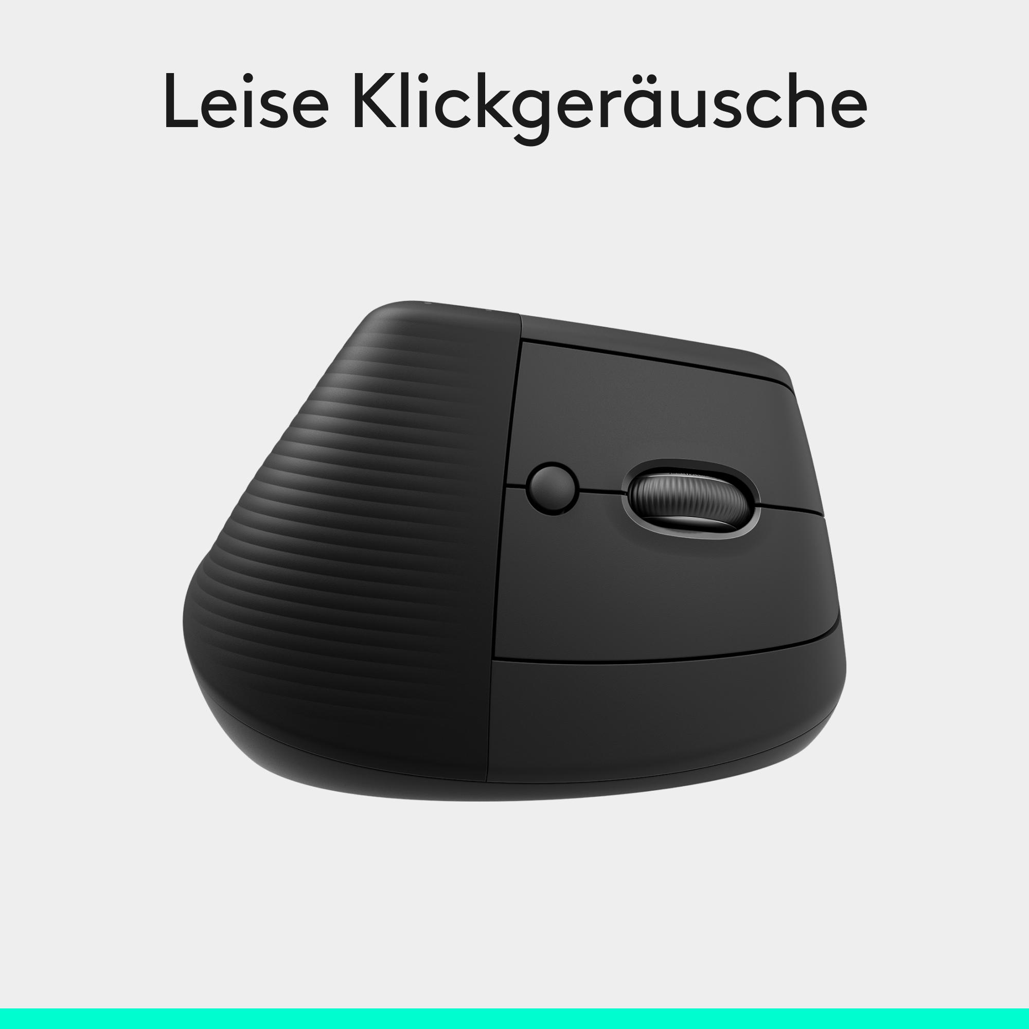 Schwarze vertikale ergonomische Maus mit Text oben auf grauem Hintergrund.