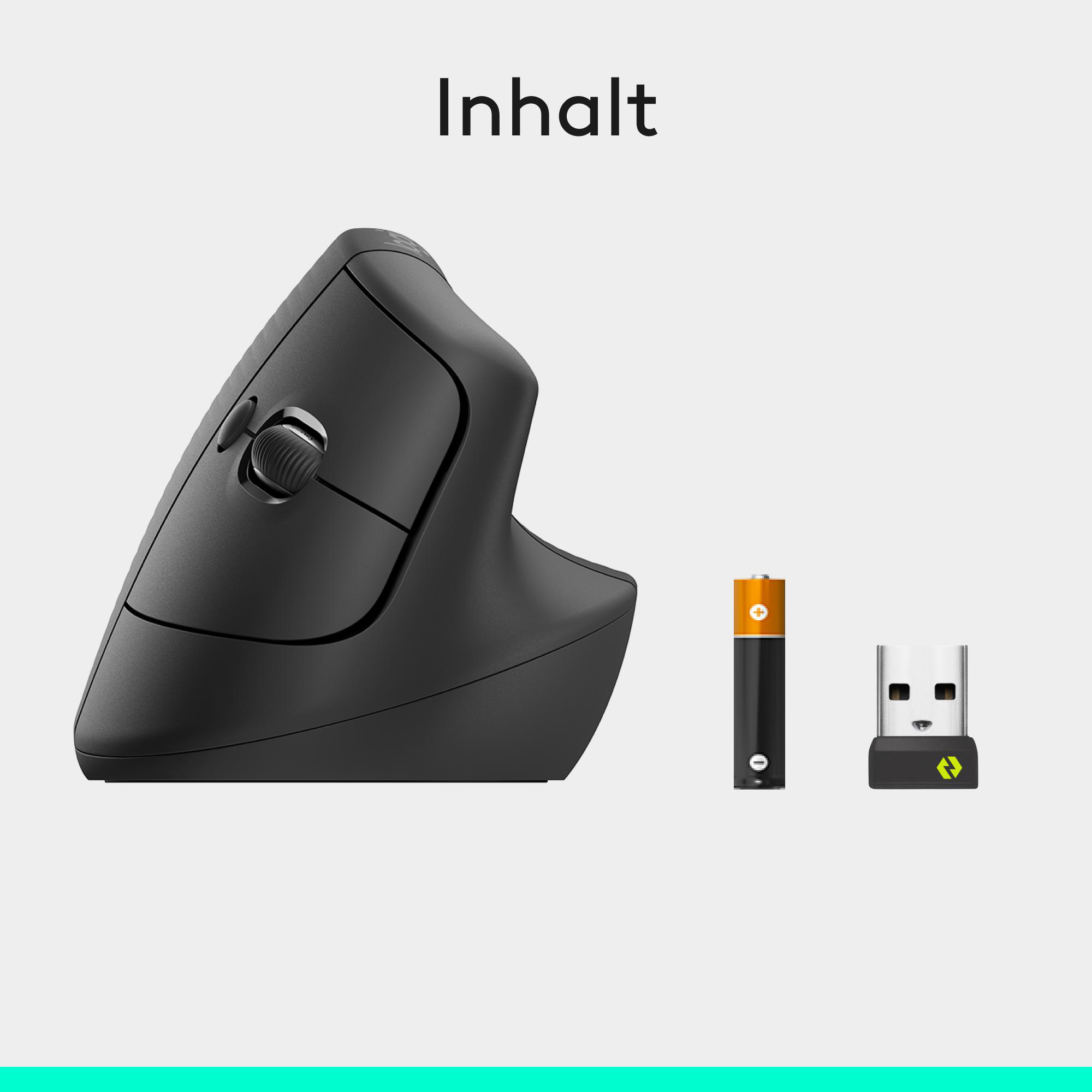 Schwarze vertikale Maus, eine Batterie und ein USB-Empfänger vor hellem Hintergrund.