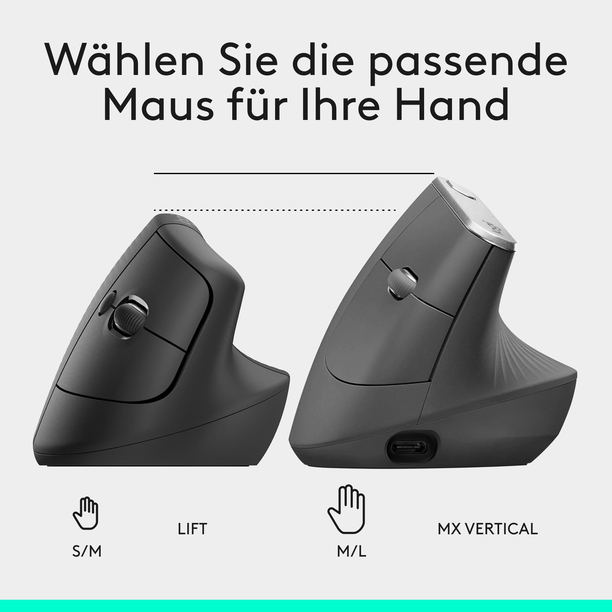 Vergleich zweier ergonomischer Computermäuse in verschiedenen Größen: LIFT (S/M) und MX Vertical (M/L).