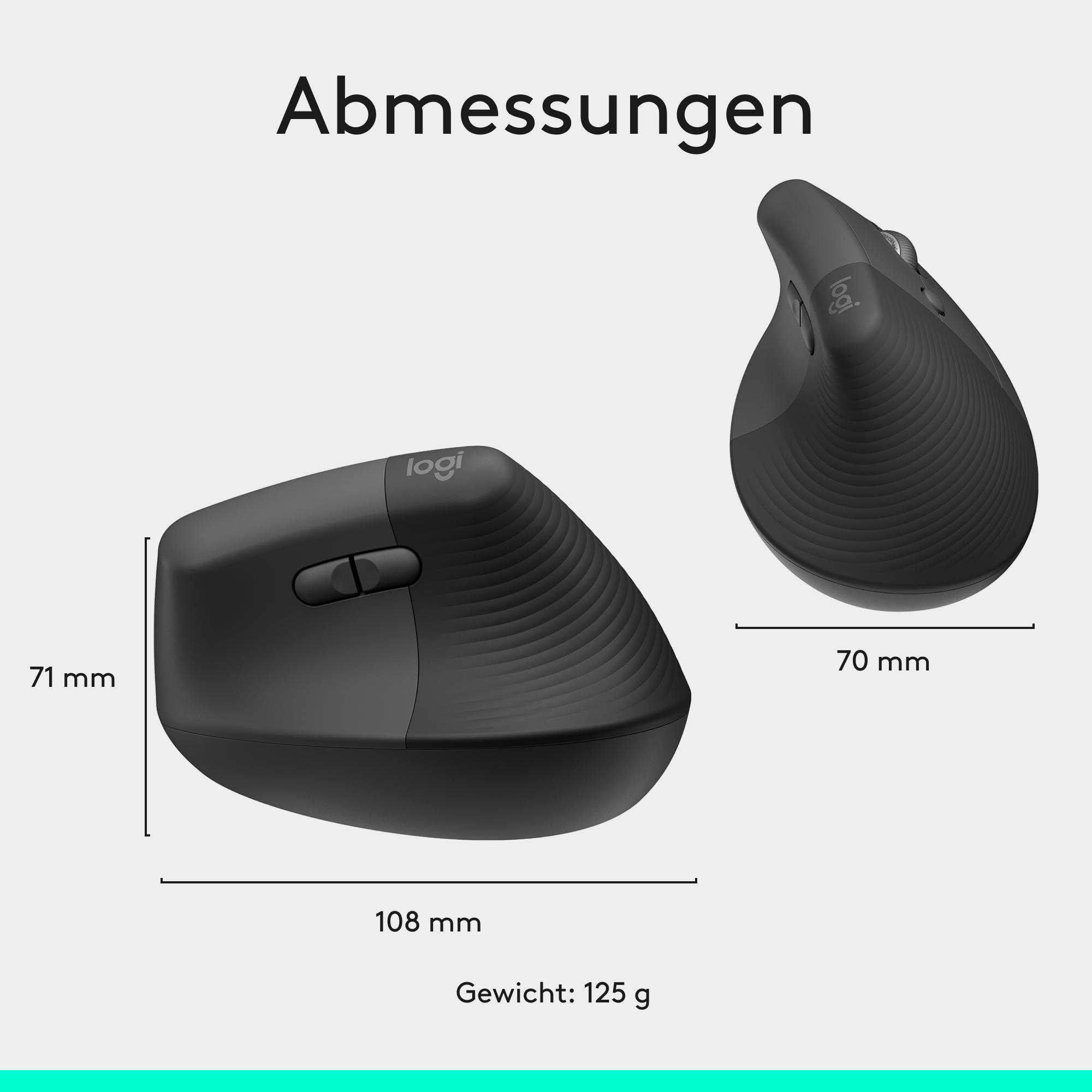 Technische Zeichnung der Abmessungen und des Gewichts einer ergonomischen schwarzen Computermaus.