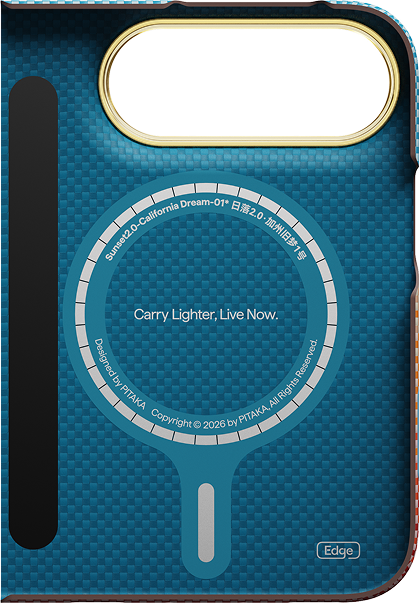 Kék szénszálas telefontok kör alakú MagSafe logóval és a Carry Lighter, Live Now felirattal.