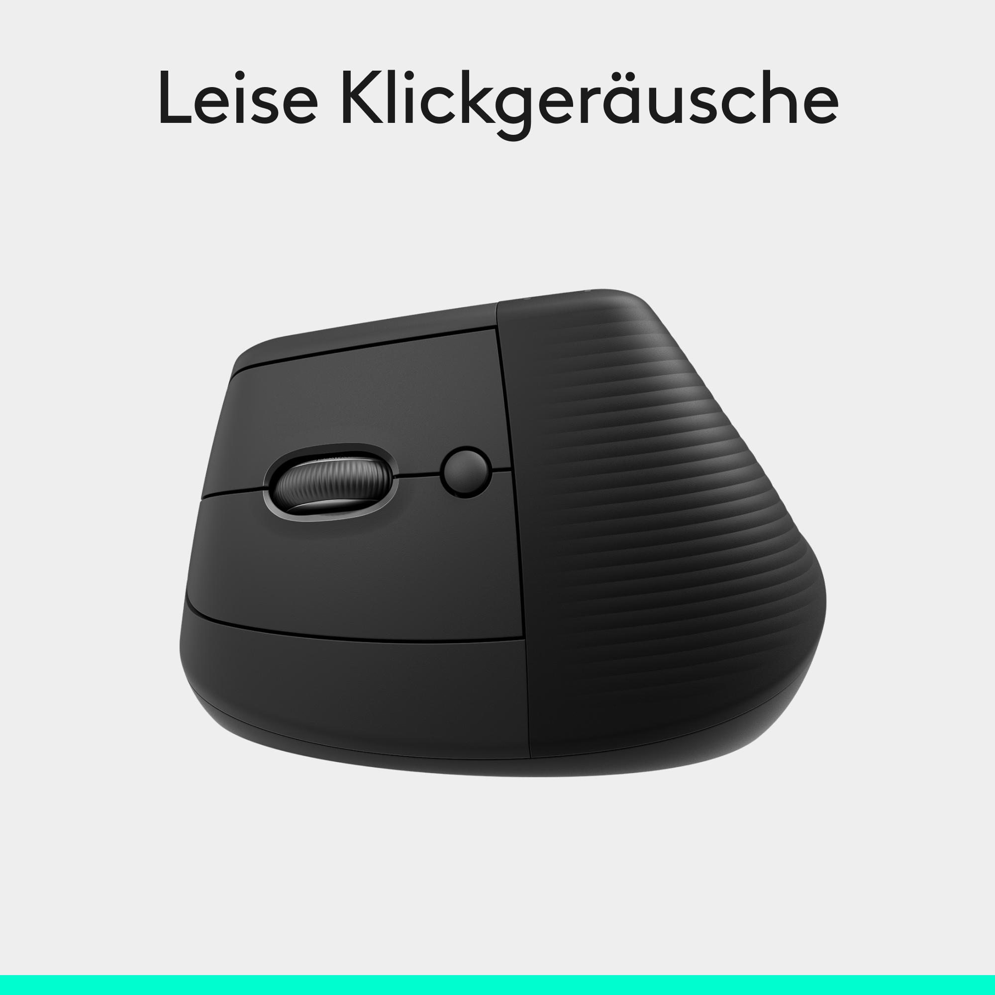 Schwarze vertikale ergonomische Computermaus auf hellem Hintergrund mit der Aufschrift Leise Klickgeräusche.