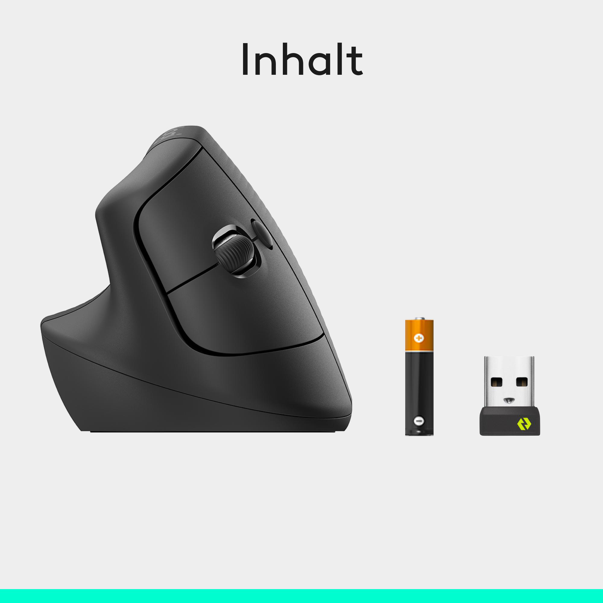Eine schwarze vertikale ergonomische Maus mit Batterie und USB-Empfänger auf hellgrauem Hintergrund mit dem Wort Inhalt.