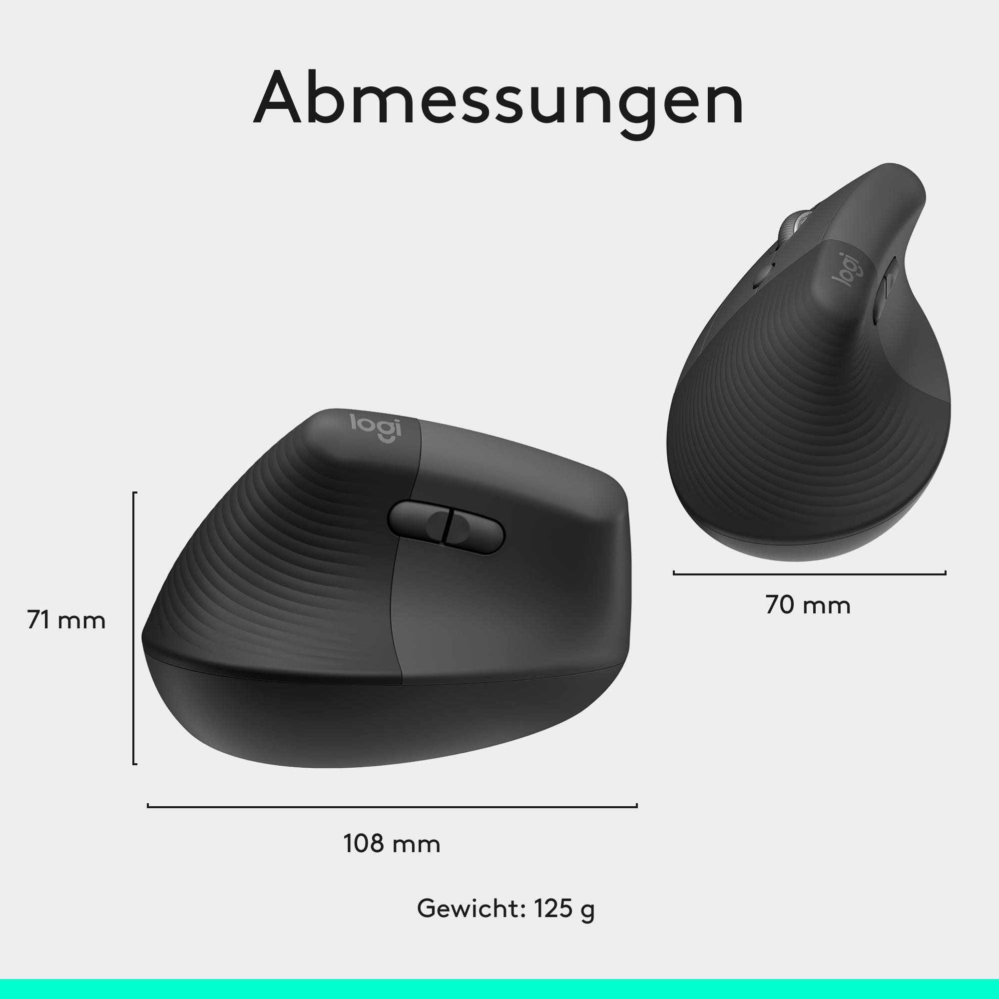 Technische Zeichnung der vertikalen schwarzen Logitech-Maus mit Maßen von 108 mm, 71 mm, 70 mm und 125 g Gewicht.