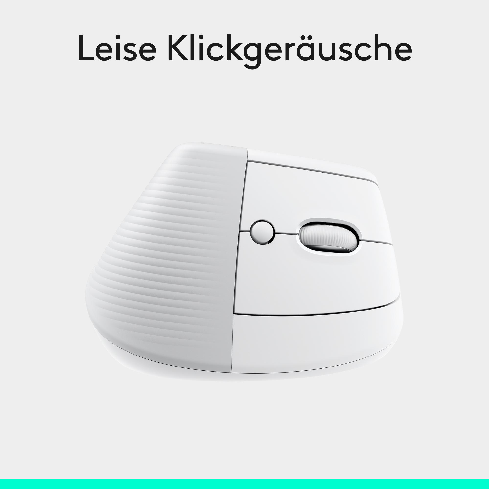 Weiße ergonomische vertikale Computermaus auf hellem Hintergrund mit der Aufschrift Leise Klickgeräusche.