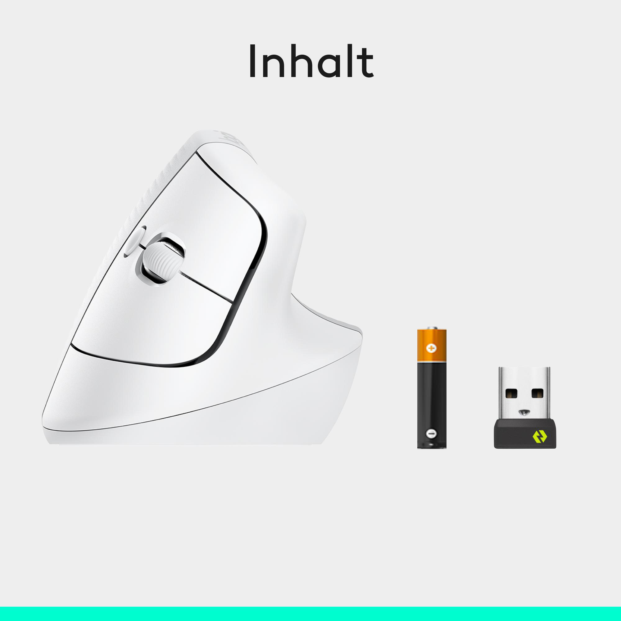 Weisse vertikale Maus, AA Batterie und USB Empfaenger auf grauem Grund mit Text Inhalt.