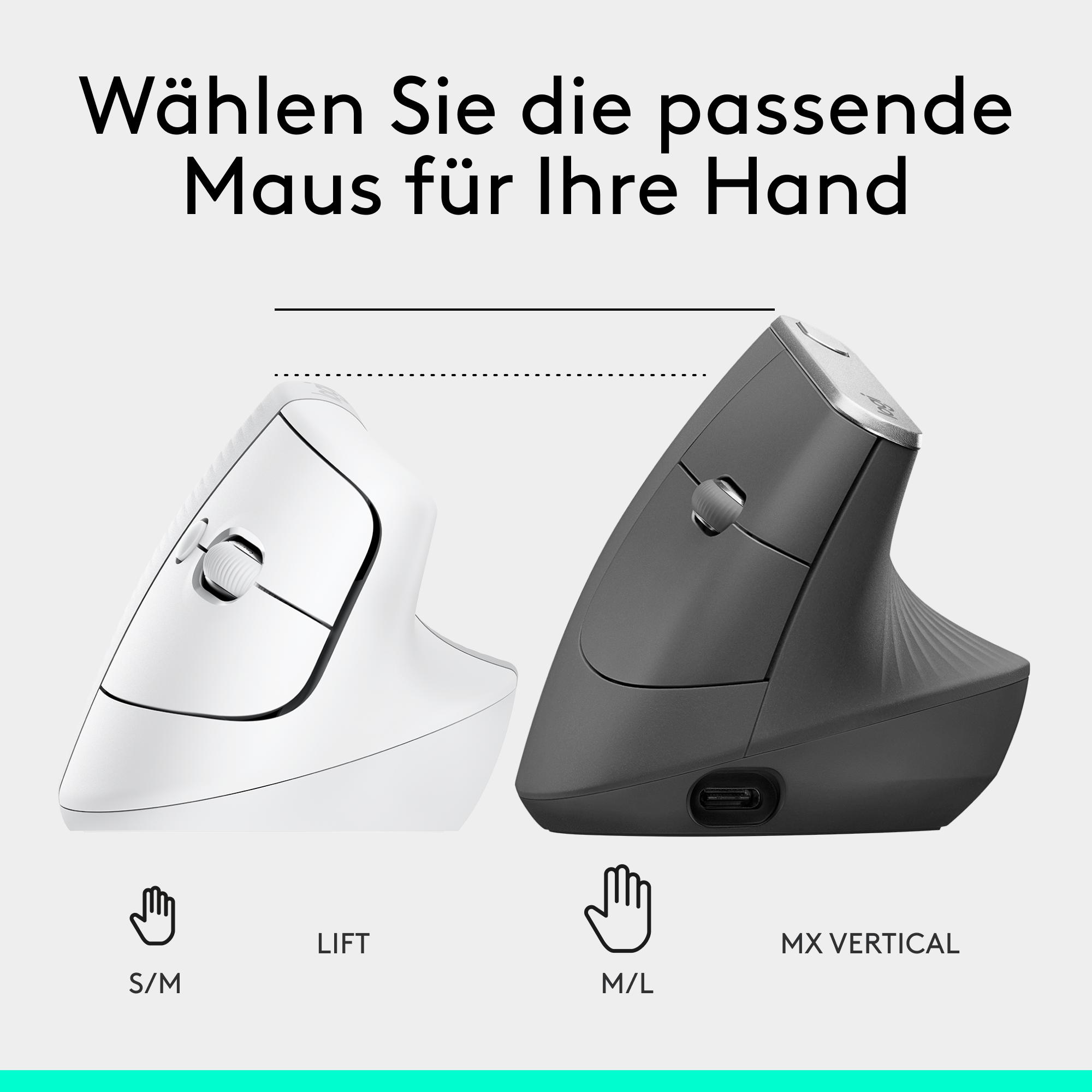 Zwei vertikale Mäuse, Lift in Weiß und MX Vertical in Grau, vergleichen Größen für verschiedene Hände.