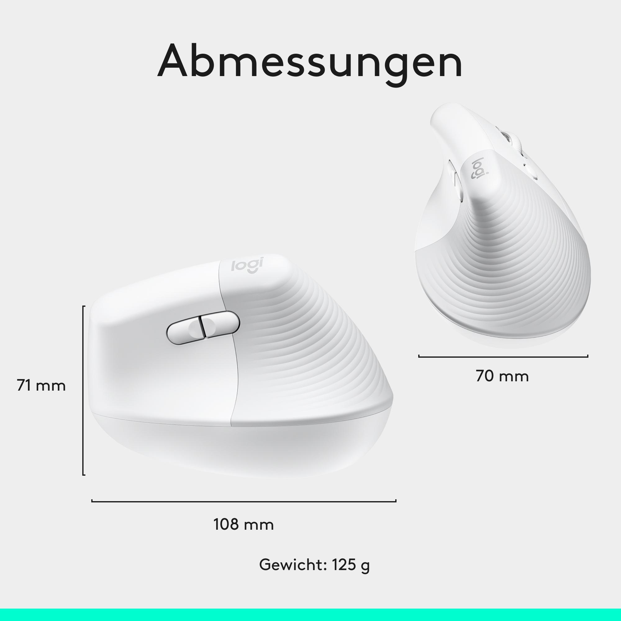 Abmessungen der weißen Logitech Maus: 108 mm Länge, 71 mm Höhe, 70 mm Breite und ein Gewicht von 125 g.