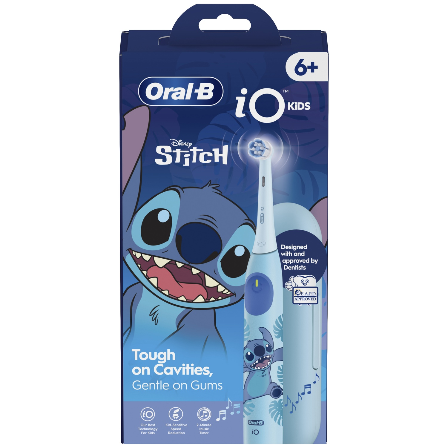 Oral-B iO Kids Disney Stitch electric toothbrush box in blue featuring Stitch graphics.