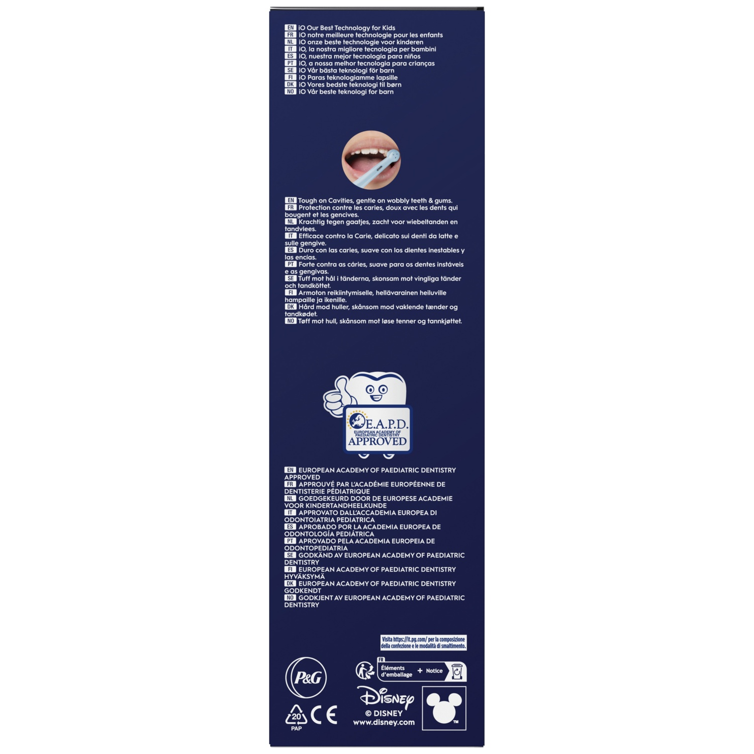 Blue product packaging featuring text, a toothbrush image, pediatric dental approval, and Disney logo.