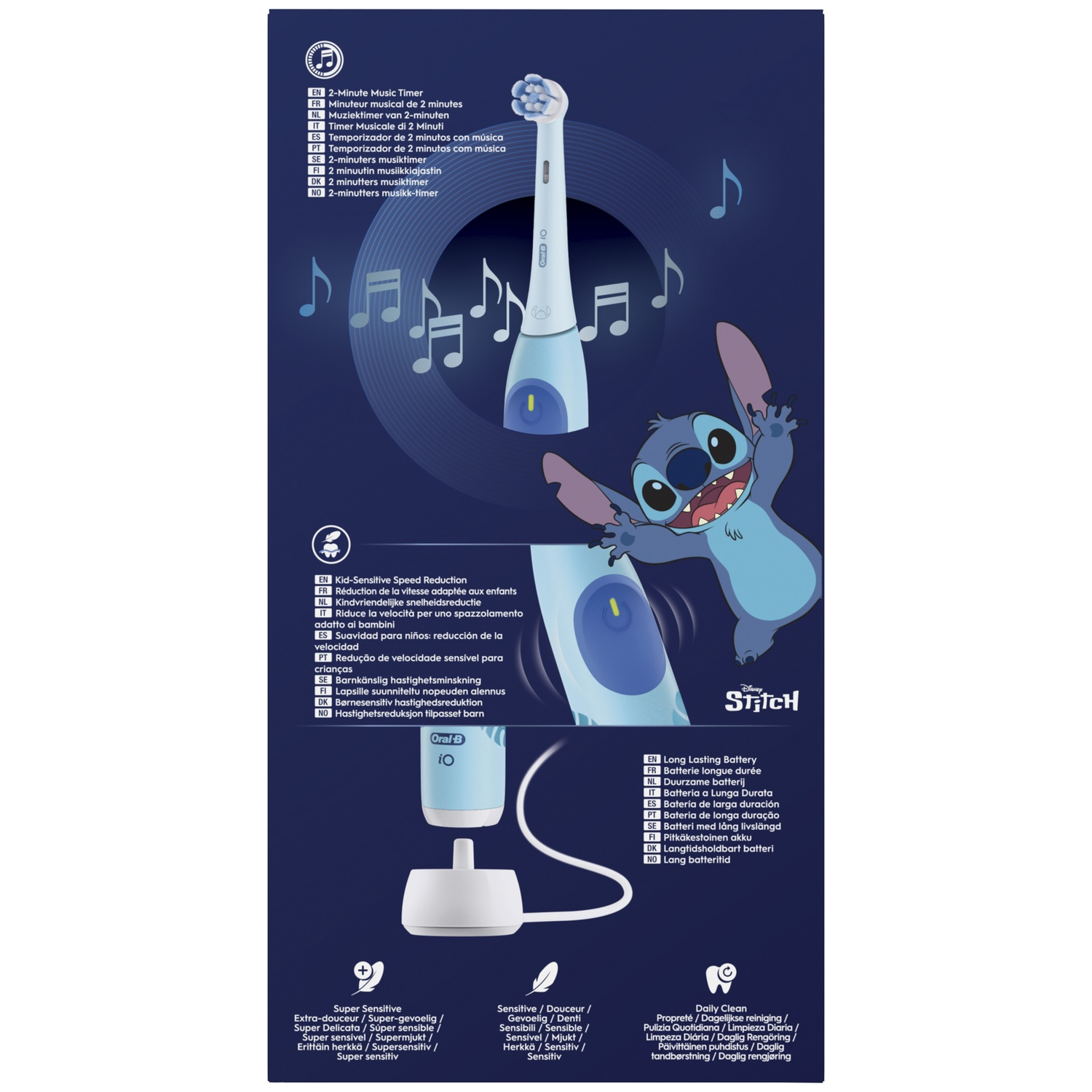 Blue Oral-B electric toothbrush with Stitch graphic, music notes, and product features on a dark background.