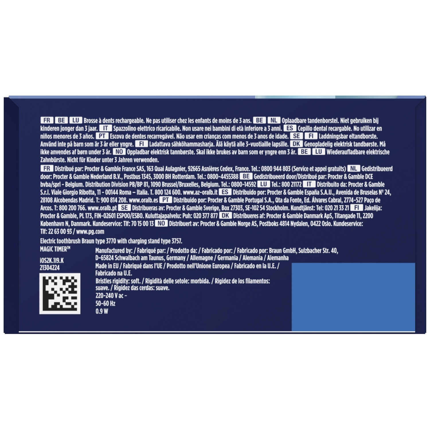 Back of a dark blue toothbrush packaging with multilingual text, manufacturer details, and a QR code.