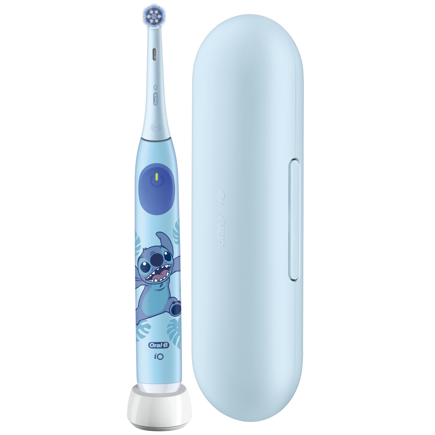 A light blue Oral-B iO electric toothbrush with a Stitch character design, a charging base, and a matching travel case.