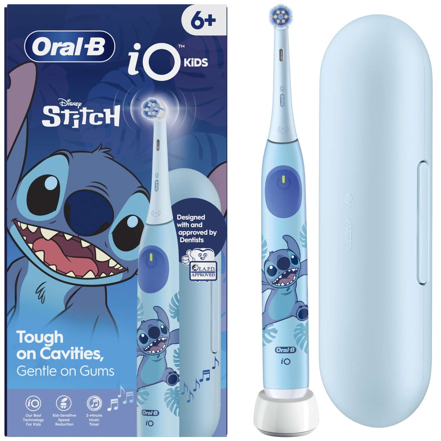 Oral-B iO Kids Stitch electric toothbrush with packaging, charging stand, and light blue travel case.