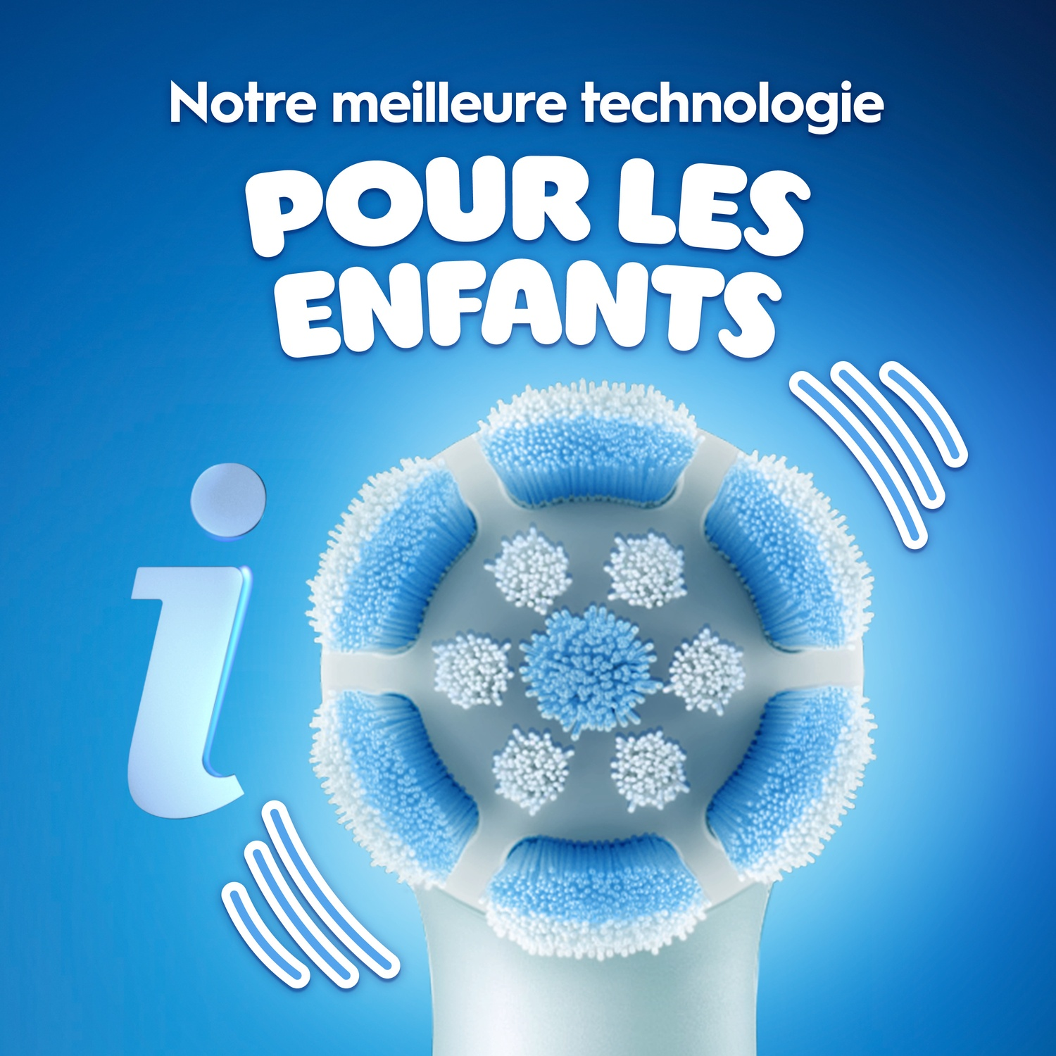Tête de brosse à dents bleue pour enfants avec des poils blancs et bleus.
