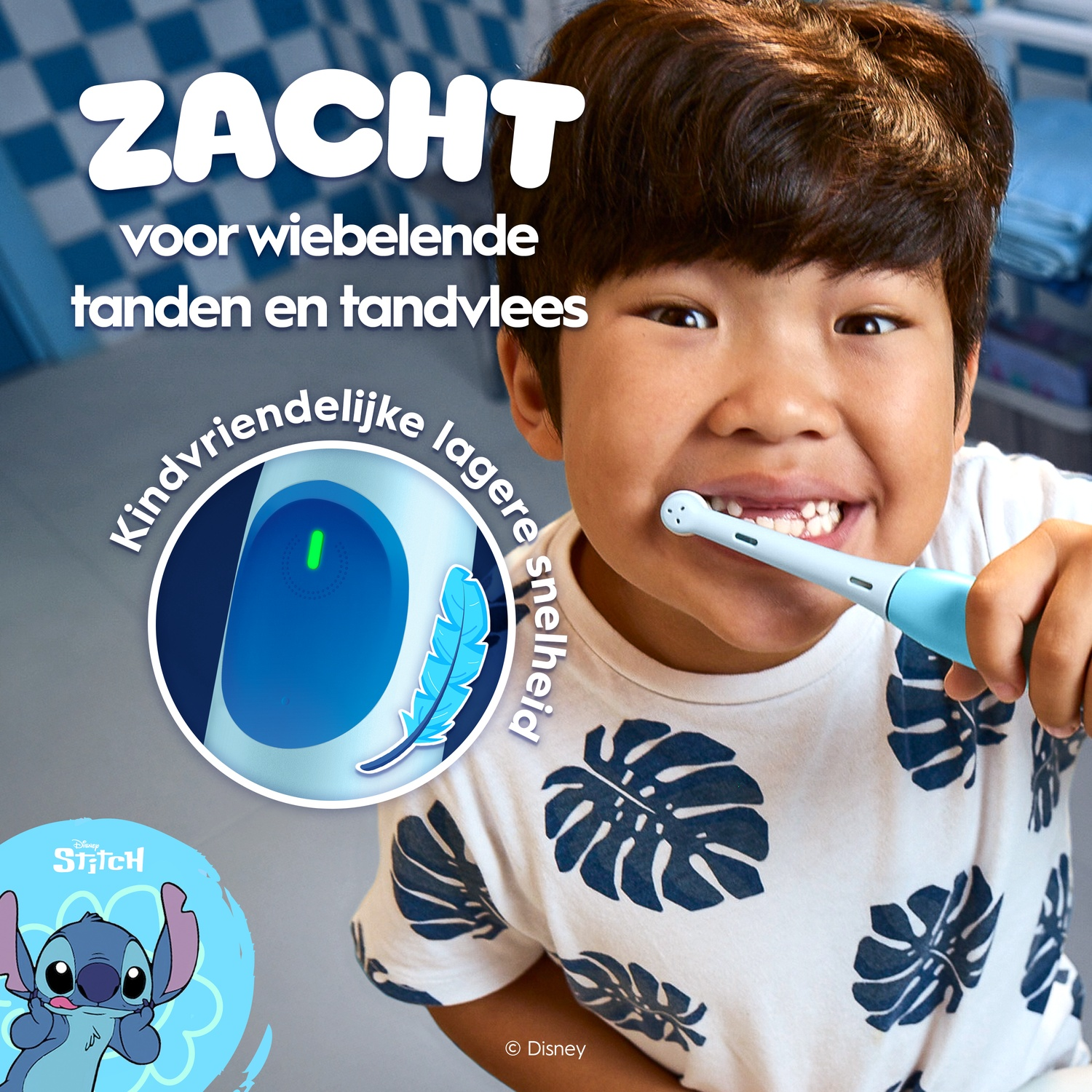 A young boy brushes his teeth with a blue electric toothbrush.