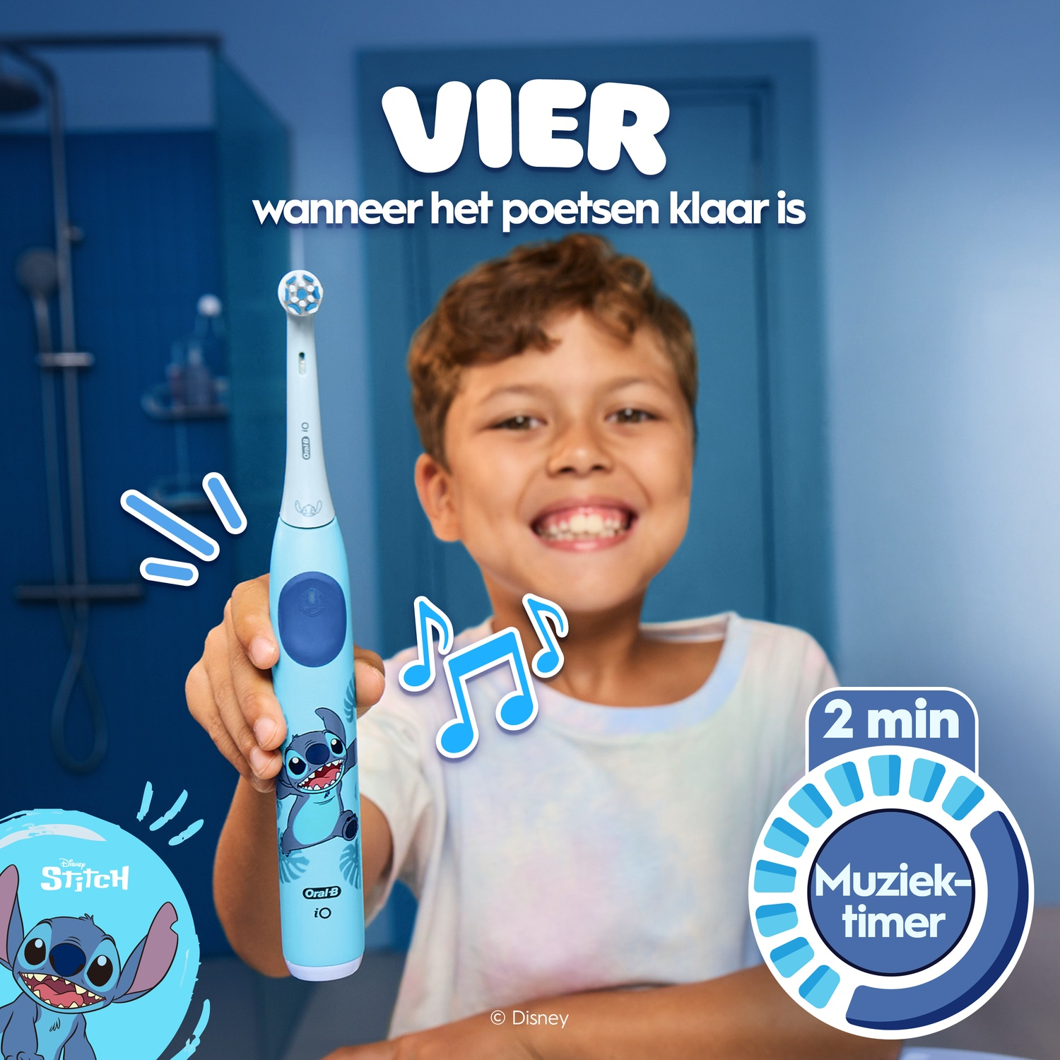 A smiling boy holding a light blue Oral-B electric toothbrush featuring a Disney Stitch design.