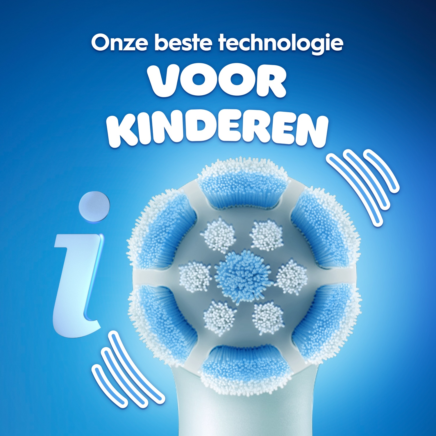 A blue toothbrush head with white and blue bristles on a blue background with Dutch text.