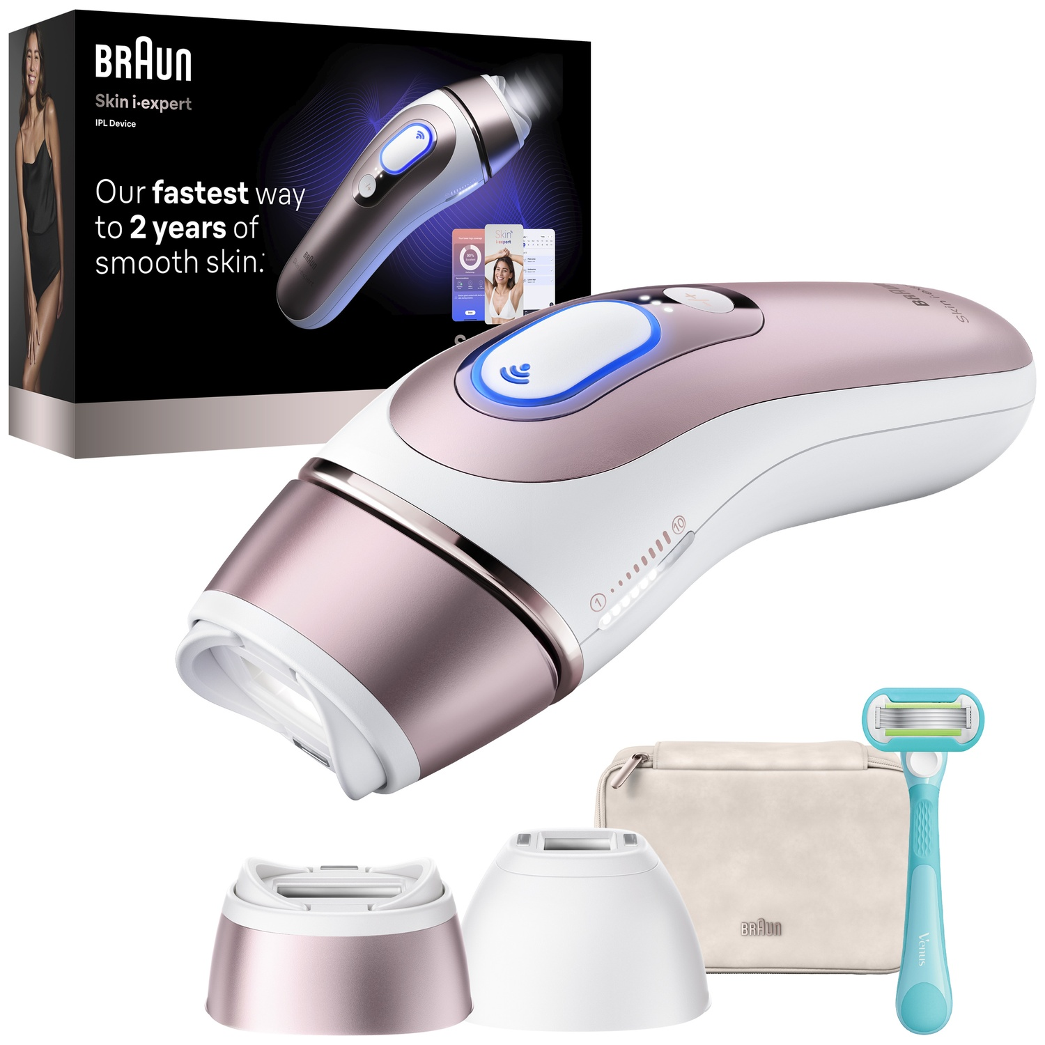 Braun IPL hair removal device in rose gold and white with accessories and packaging.