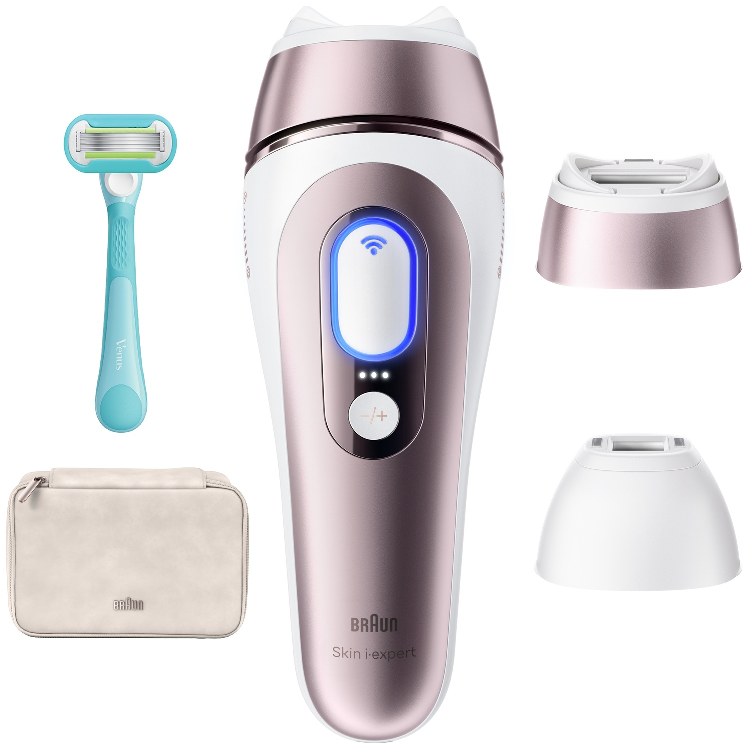 A Braun IPL hair removal device with a razor, two attachments, and a pouch on a white background.