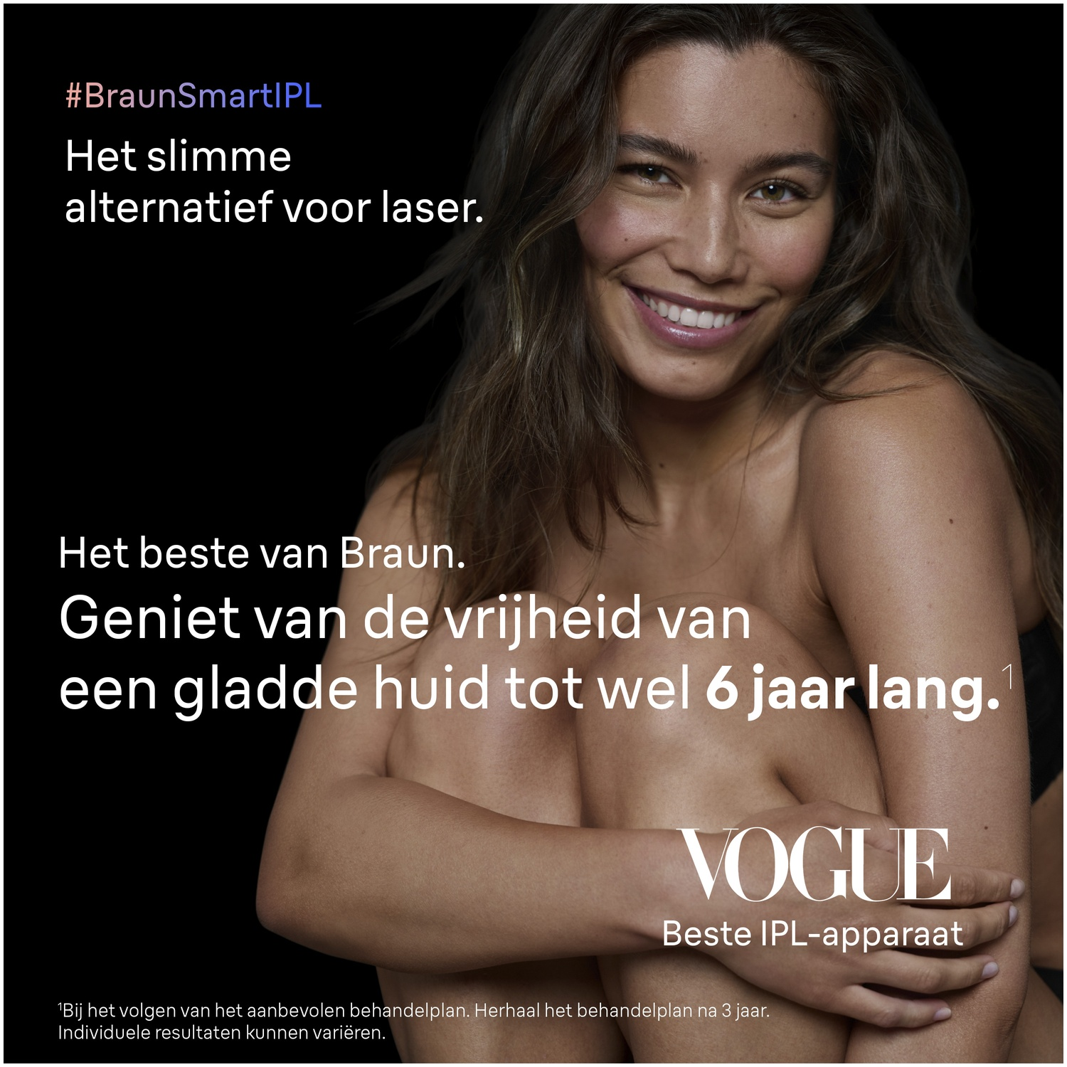 Smiling woman against a dark background with Dutch promotional text and Vogue logo.