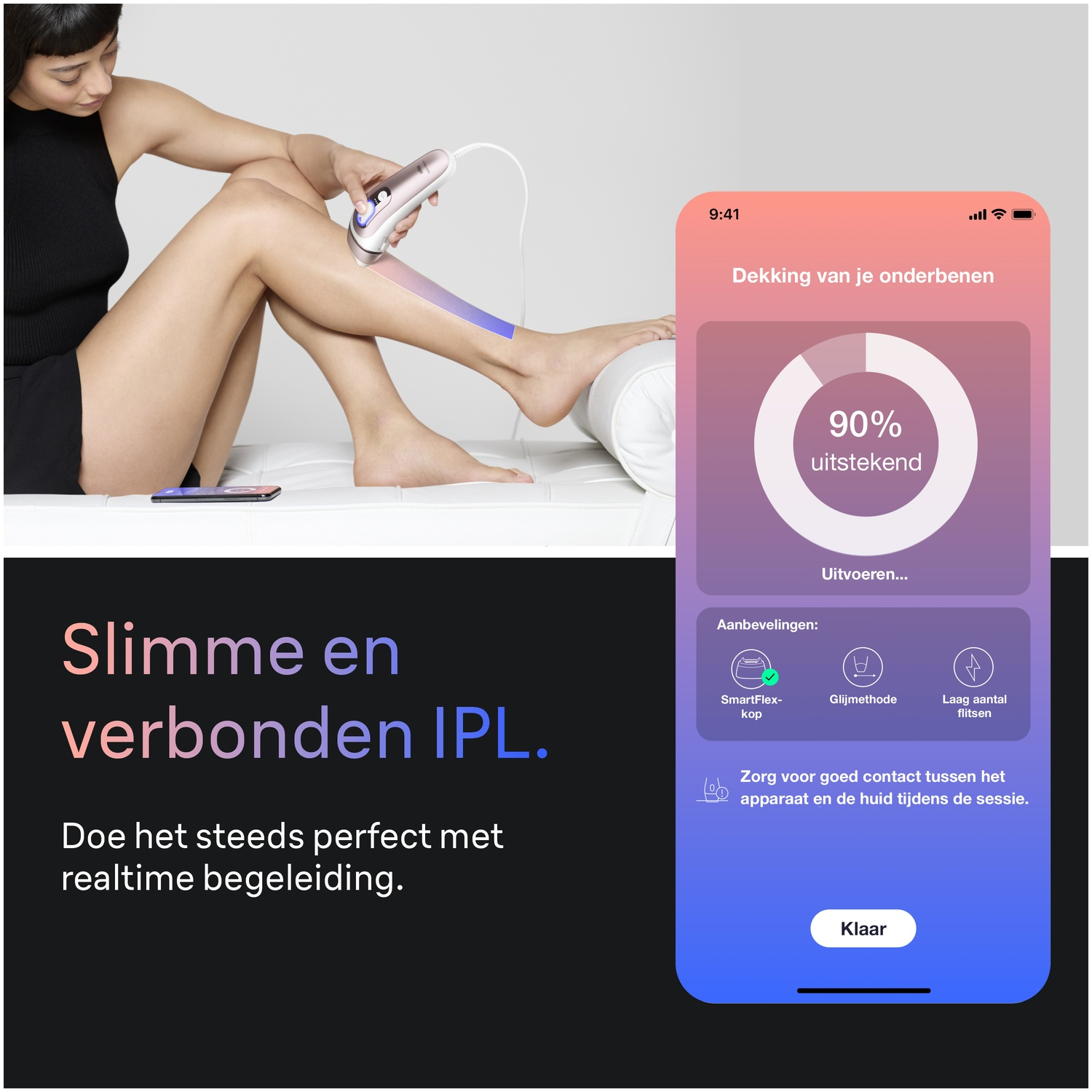 A woman uses an IPL device on her leg while a smartphone app displays progress tracking.