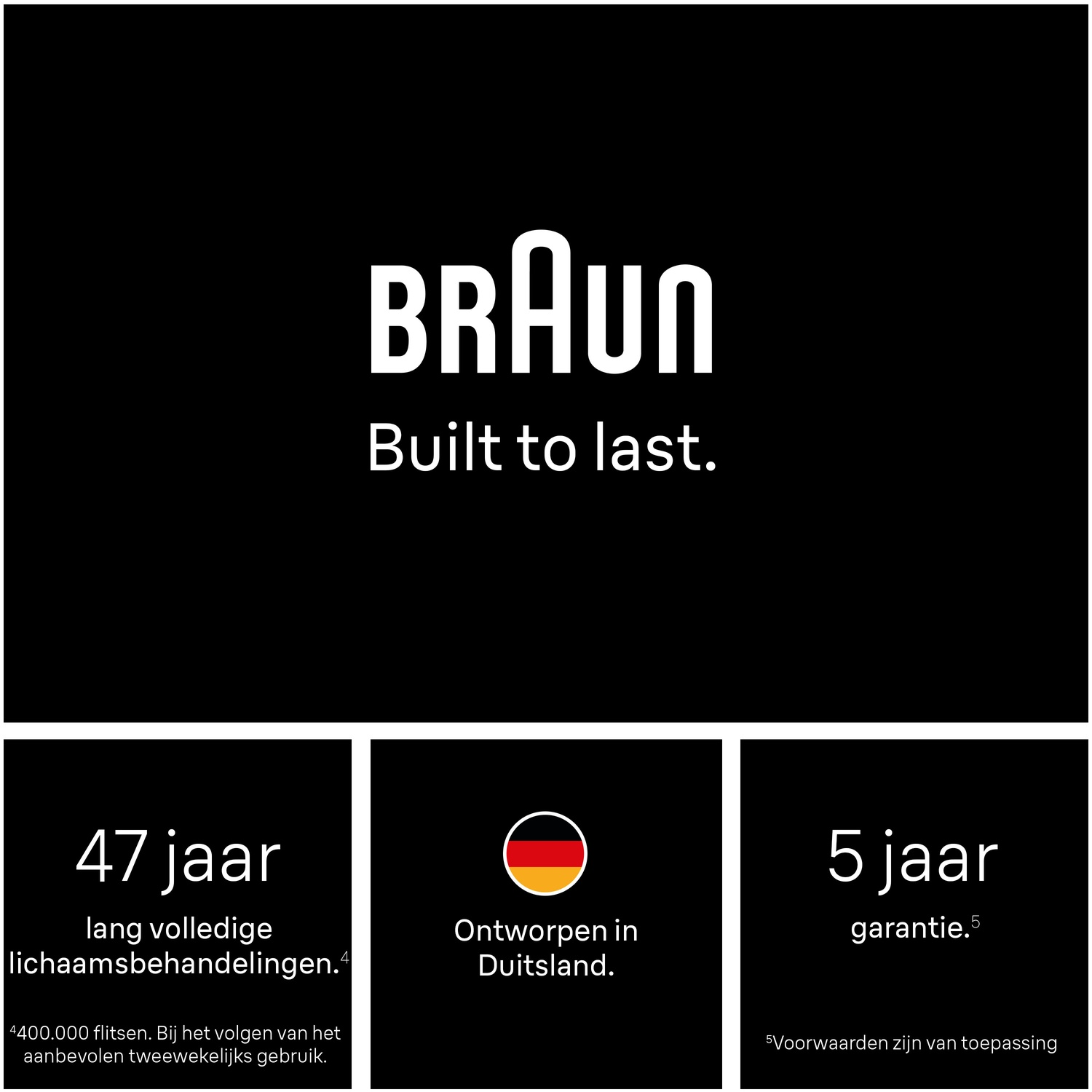 Braun logo, Built to last, 47 years full body treatments, designed in Germany, 5 years warranty.