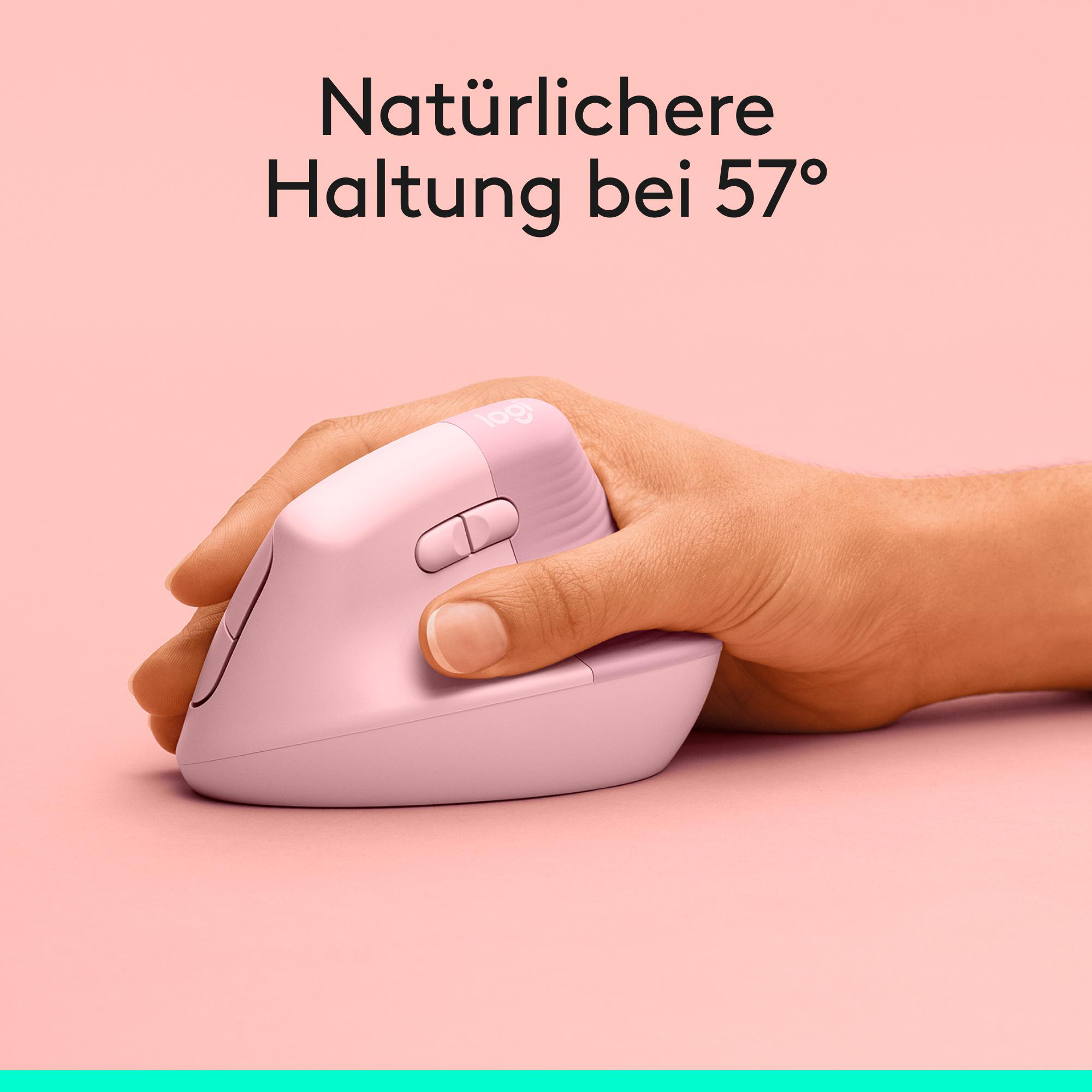 Eine Hand hält eine rosa ergonomische vertikale Maus vor rosa Hintergrund mit deutschem Text.