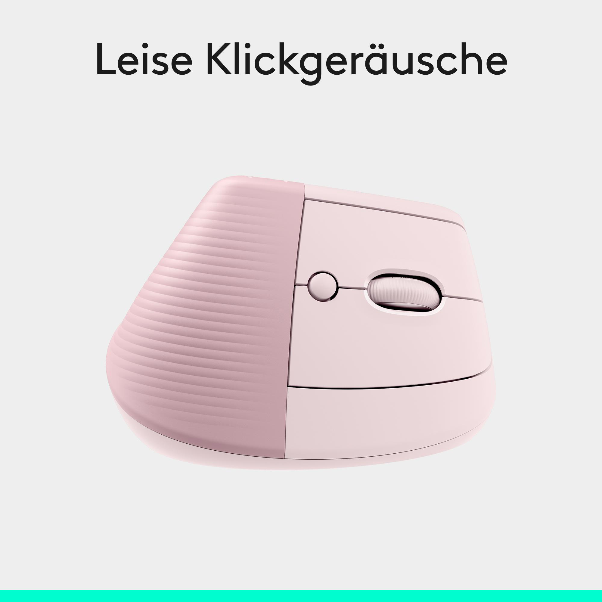 Rosa ergonomische Computermaus vor hellem Hintergrund mit Text.