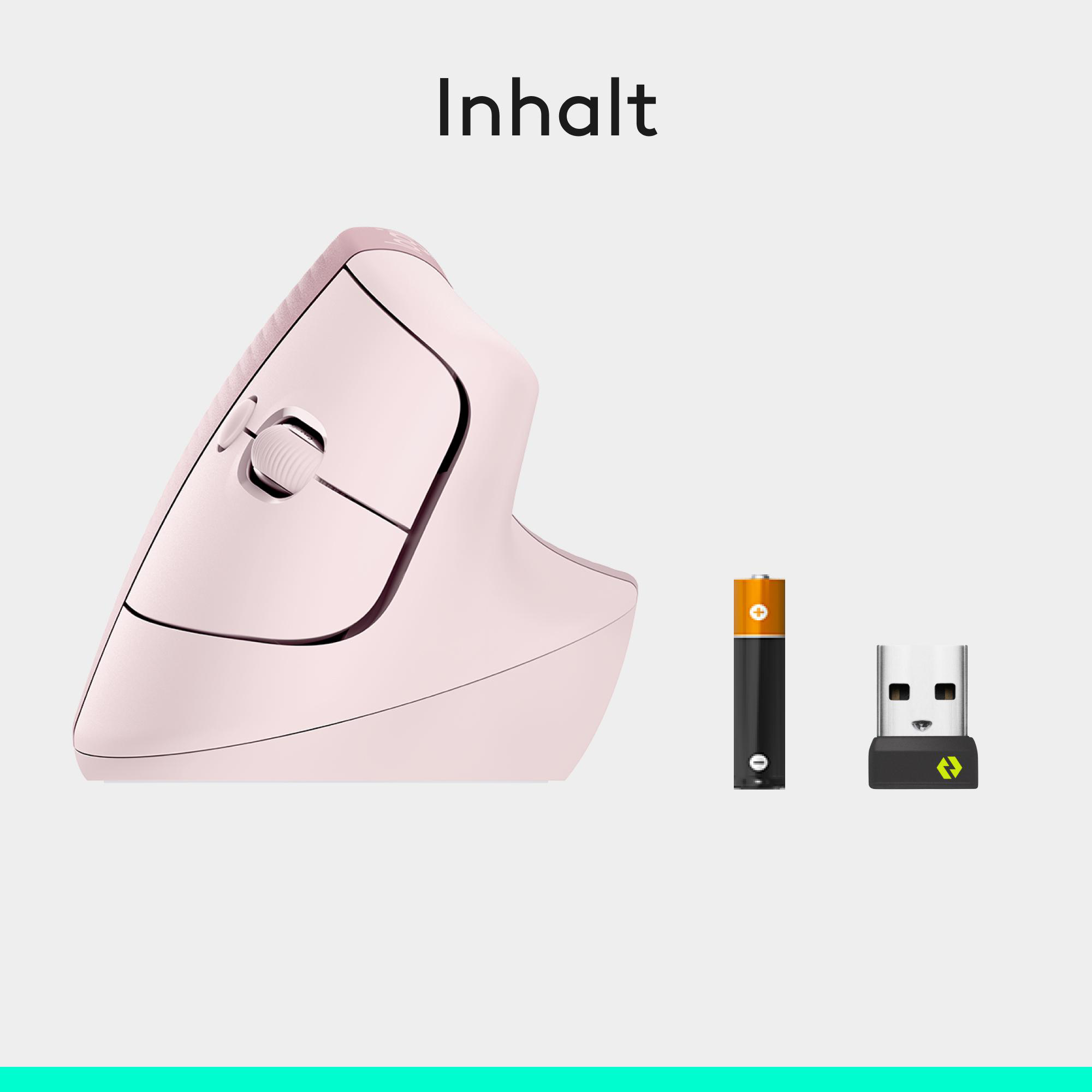 Rosa vertikale Maus, eine Batterie und ein USB-Empfänger vor hellem Hintergrund.