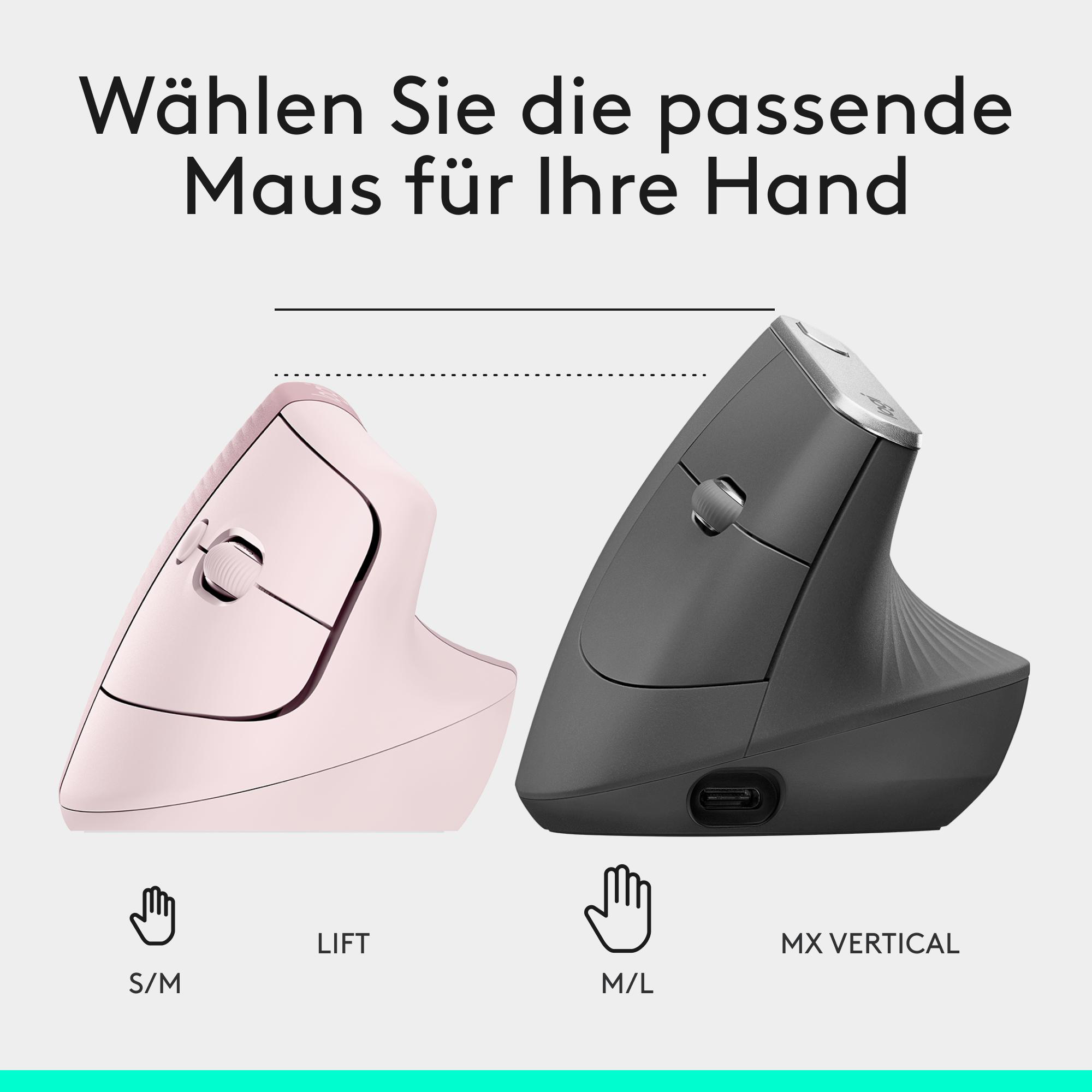 Vergleich der ergonomischen Mäuse Lift in Rosa (S/M) und MX Vertical in Grau (M/L).
