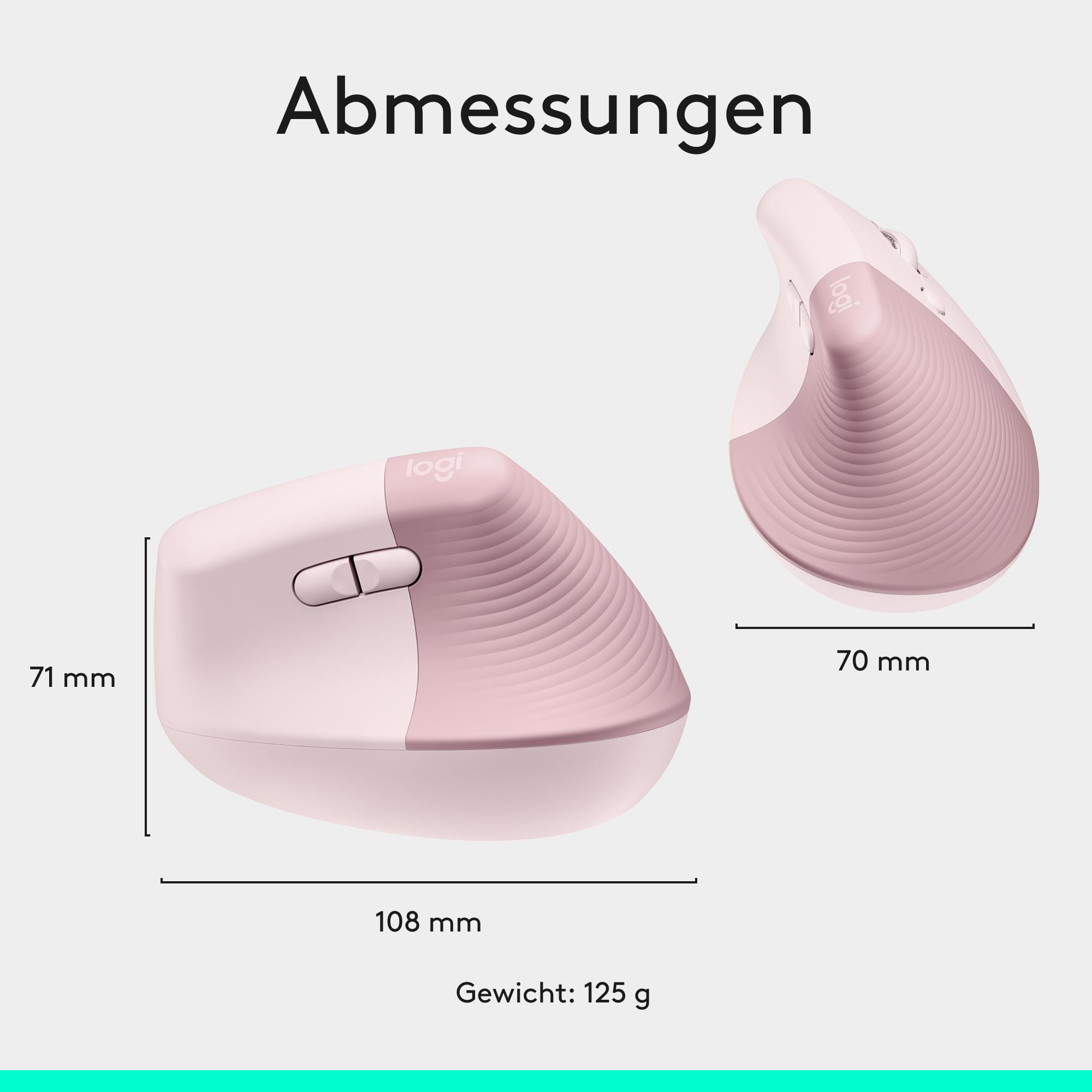 Rosa vertikale Maus mit Maßen von 108x71x70 mm und 125 g Gewicht.
