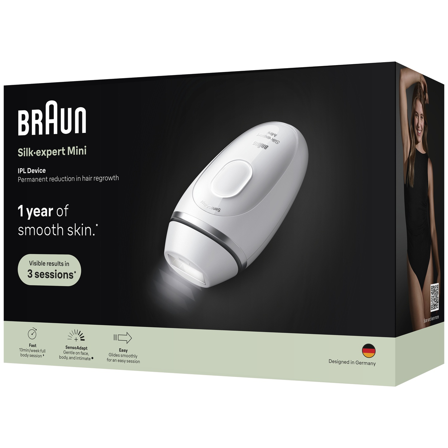 Braun Silk-expert Mini IPL device in black product packaging featuring text and a model photo.