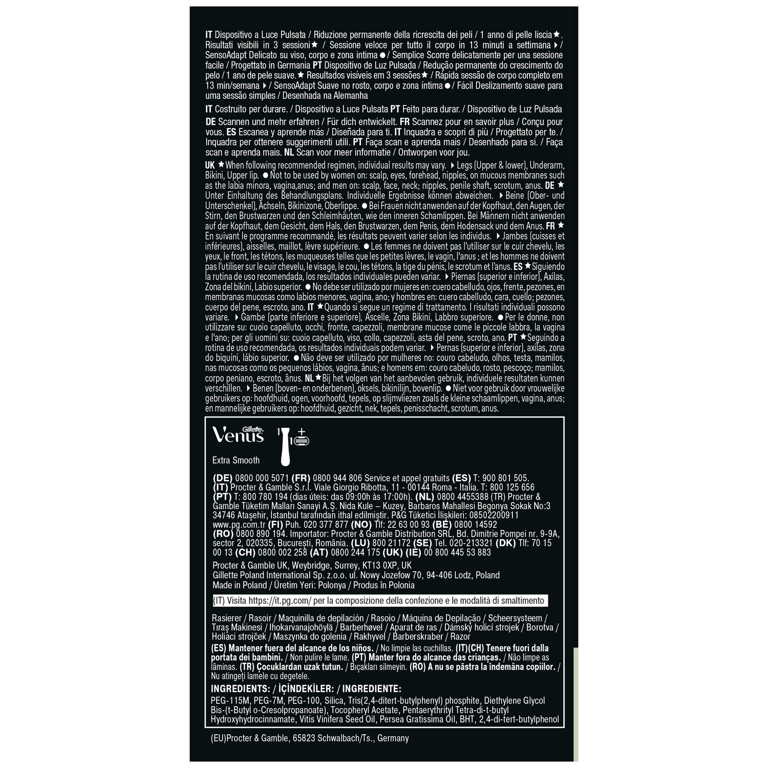 Back of a product packaging featuring multiple lines of text and manufacturer information in various languages.